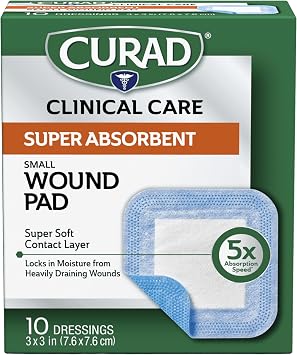 Curad Super Absorbent Wound Pad, Small, 3" x 3", 10 Count