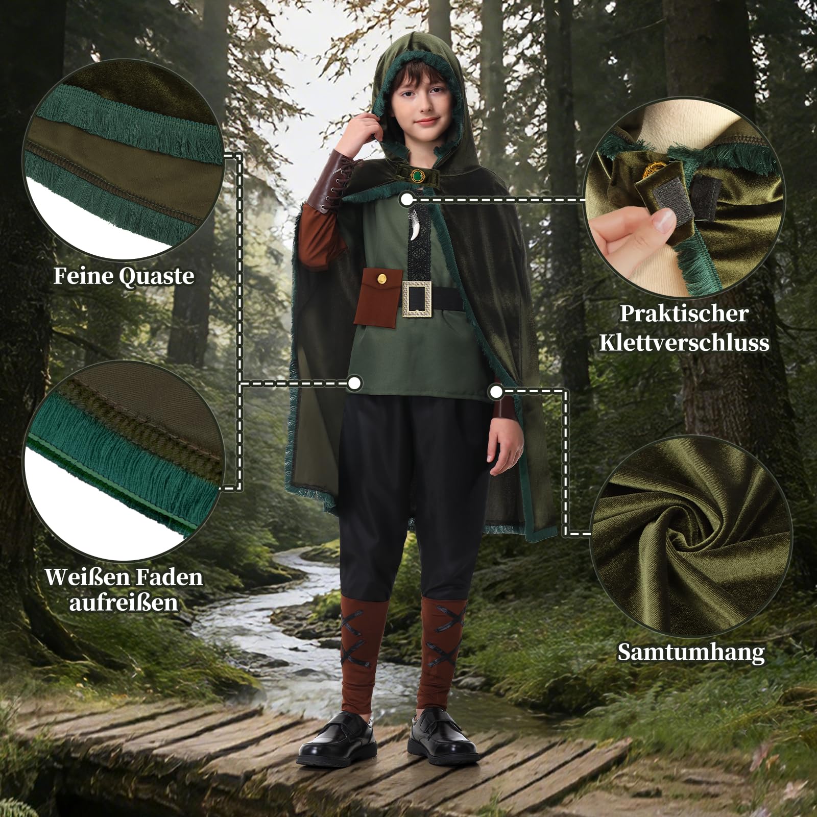 Charmofun Robin Hood Kostüm Kinder, Bogenschütze Mittelalter Outfit für Jungen mit Umhang, Hemd, Hose, Leder-Armschützer, Beinschützer, Halskette und Kompass, Karneval Rollenspiel 4-12 Jahre