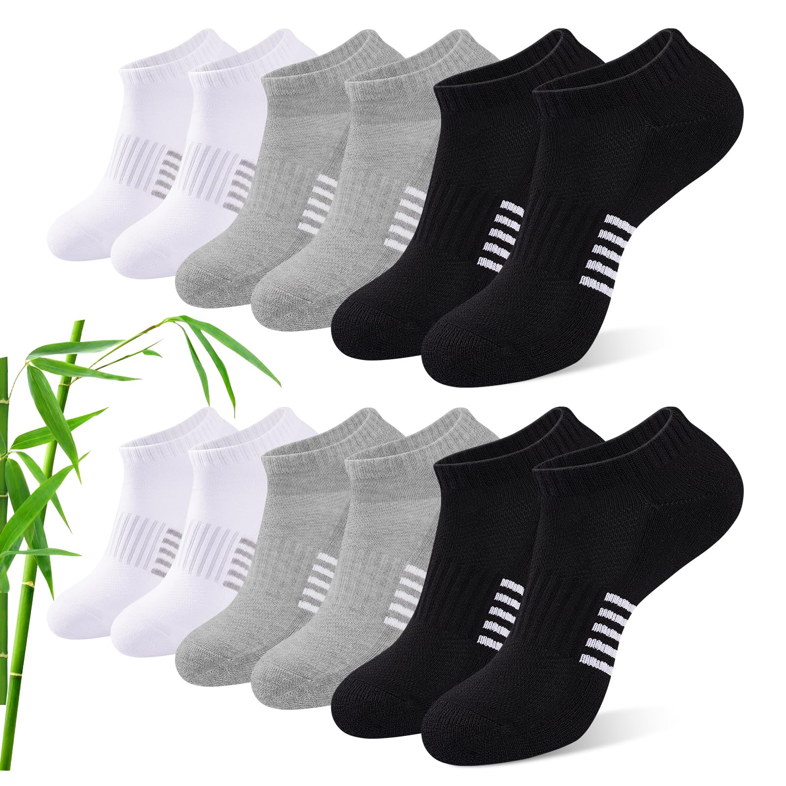 Effeet Bambus Sneaker Socken Damen 6/12 Paar, Atmungsaktive Gepolsterte Sportsocken Laufsocken, Anti Schweiß Kurze Socken Damen 39-42 35-38 Bunt, Geschenke für Frauen Sommer, Schwarz Weiß Grau 39-42