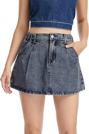 HERBATOMIA Womens Denim Mini Skorts Skirt Casual Y2k Trendy A-line High Waist Jean Skirts for Women with Shorts