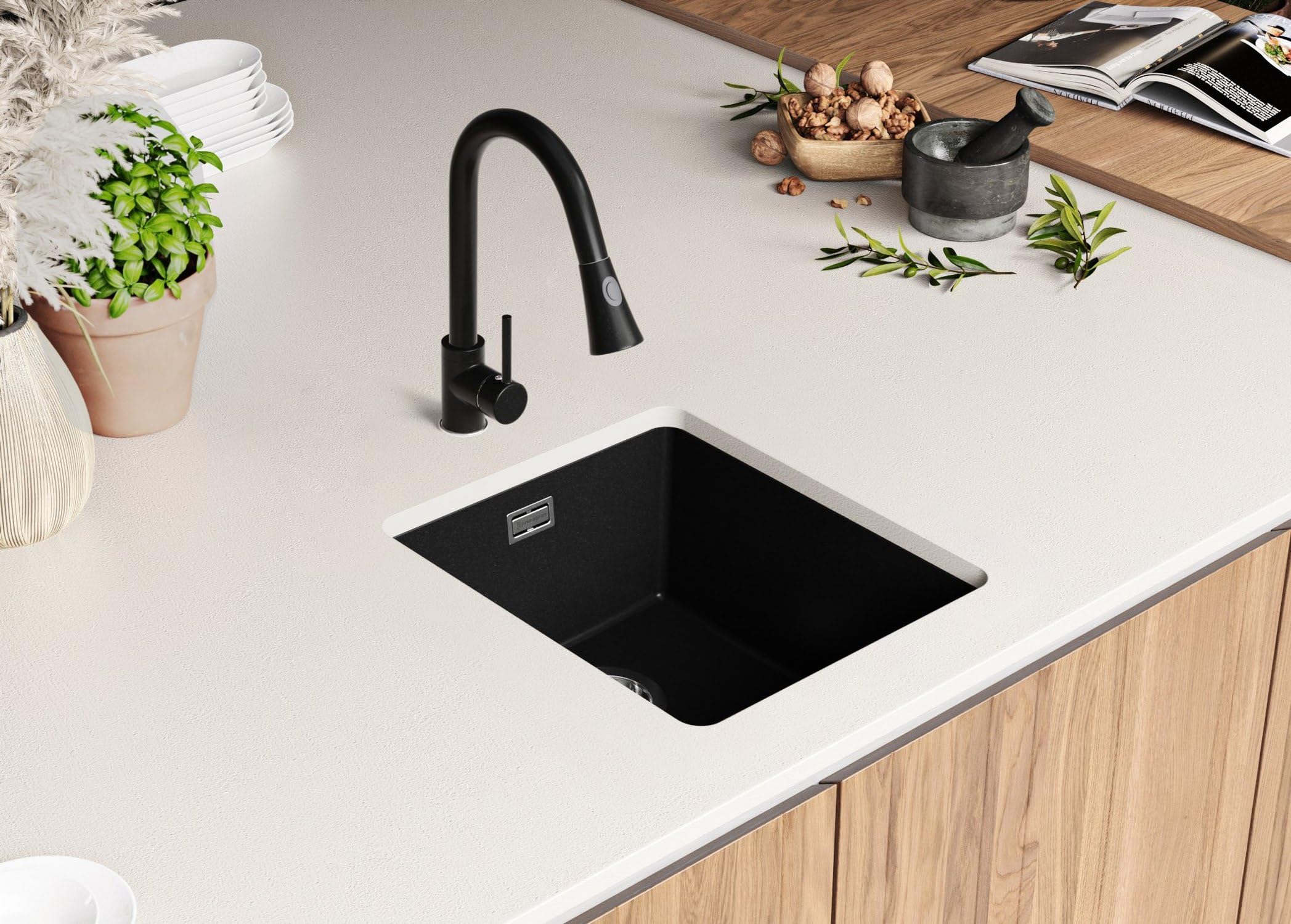 PRIMAGRAN Evier Sous Plan Tout Noir 41x47cm, Evier en Granit 1 bac + Kit de Vidage, Évier au Meuble 45cm - London S123