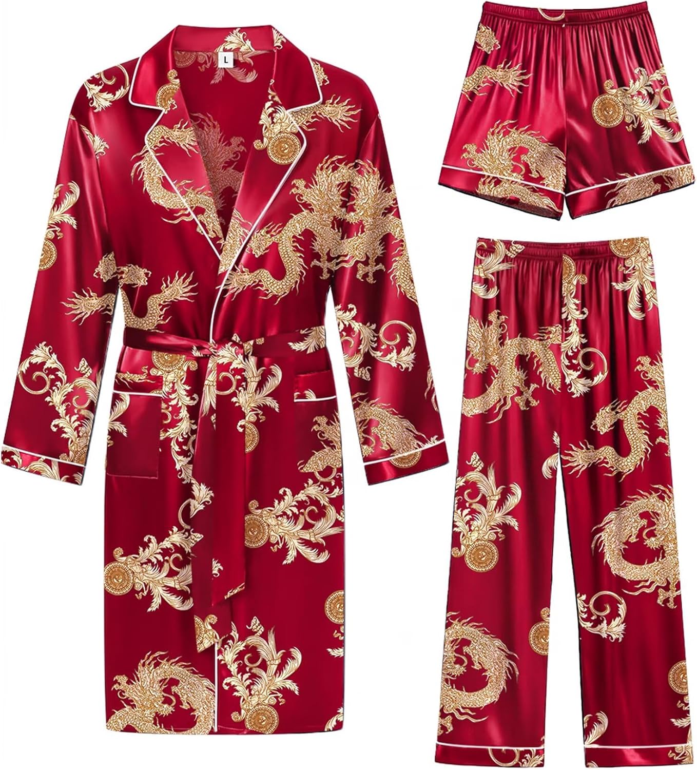 SWOMOG Men's 3 Pcs Robe Silk Satin Bathrobe with Shorts&Pants Set Soft Sleepwear Lightweight Loungewear