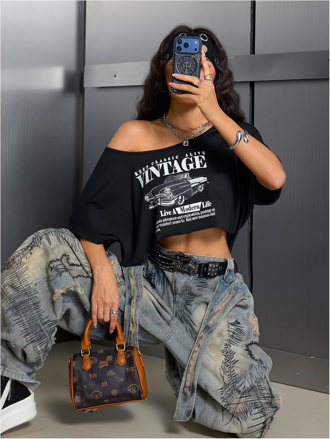 SweatyRocks Women's Vintage Graphic Tees Off The Shoulder Crop Top Car Print Oversized T Shirts - Image 6