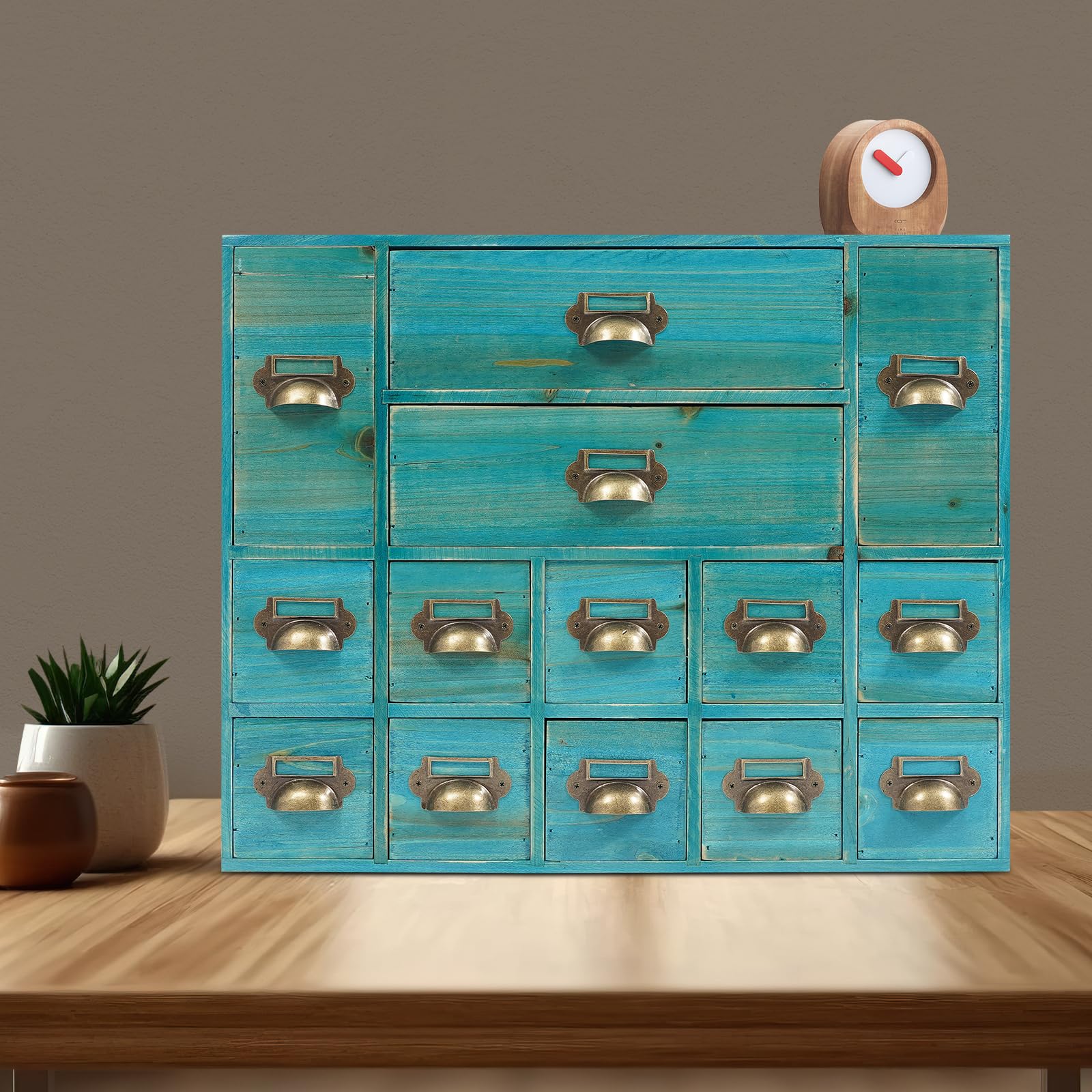 53,3 x 16,9 x 42 cm, 14 cassetti in 3 diverse dimensioni, in legno, mini comò con etichette per etichette, armadietto per farmacia, organizer per la scrivania di casa e per la conservazione, blu