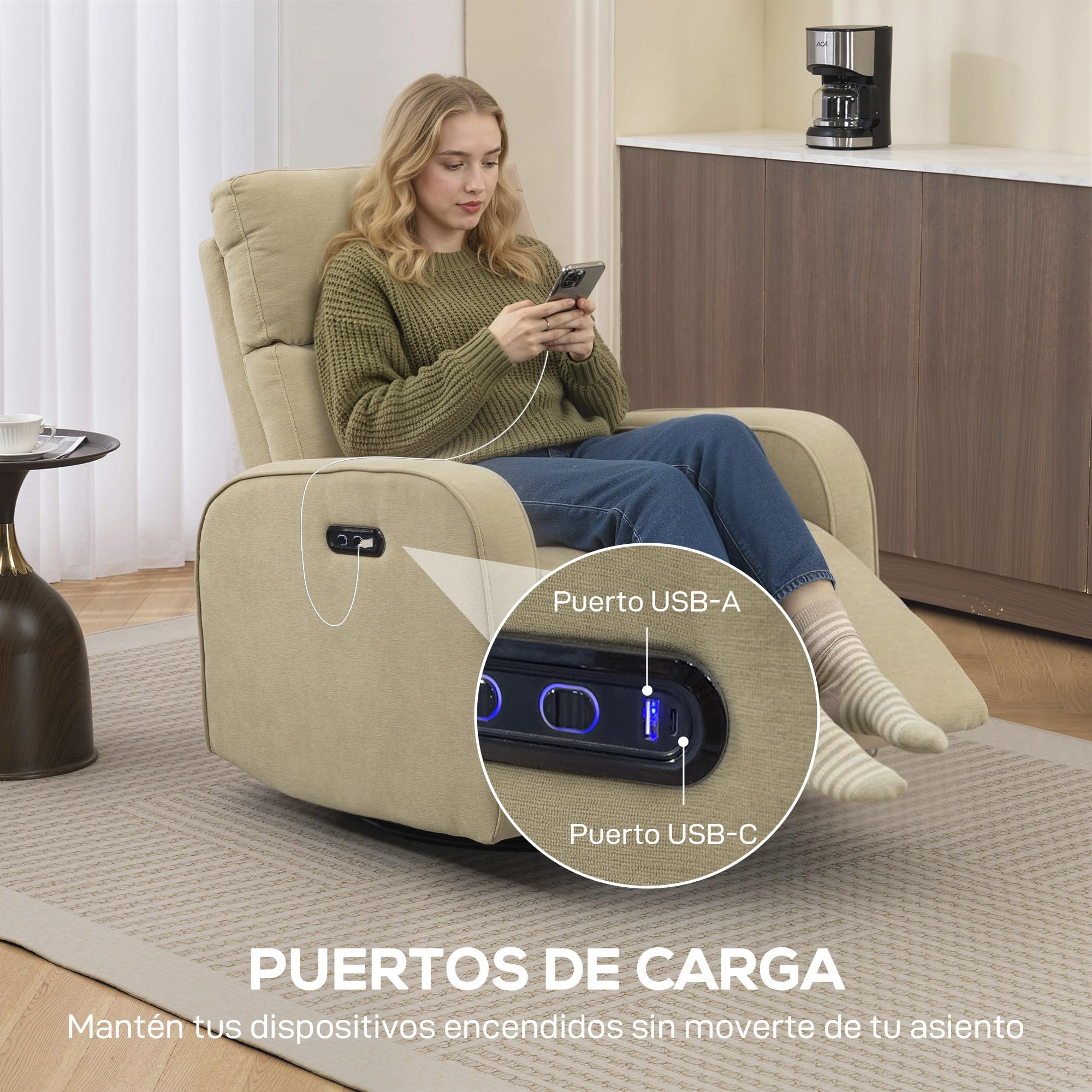 HOMCOM Sillón Relax Reclinable Eléctrico con Doble Motor Reposapiés Beige | Sillón Reclinable de Chenilla Giratorio, Balancín, Reposacabezas Ajustable, Puertos USB y USB-C, Botones Iluminados