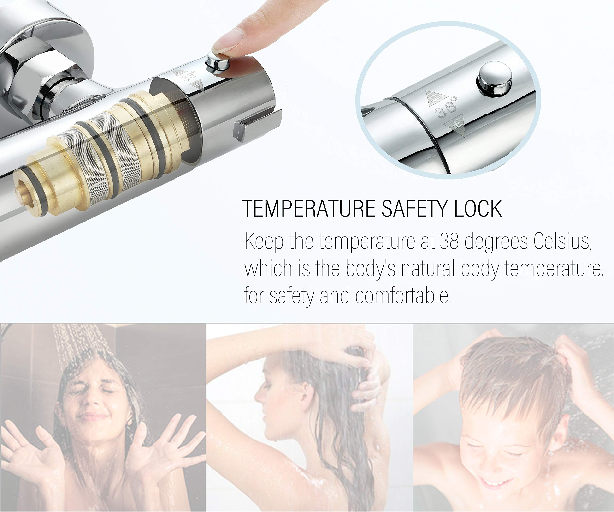 Elbe®Termostato de ducha de latón, mezclador termostático con botón de seguridad a 38°C, termostato de ducha cromado