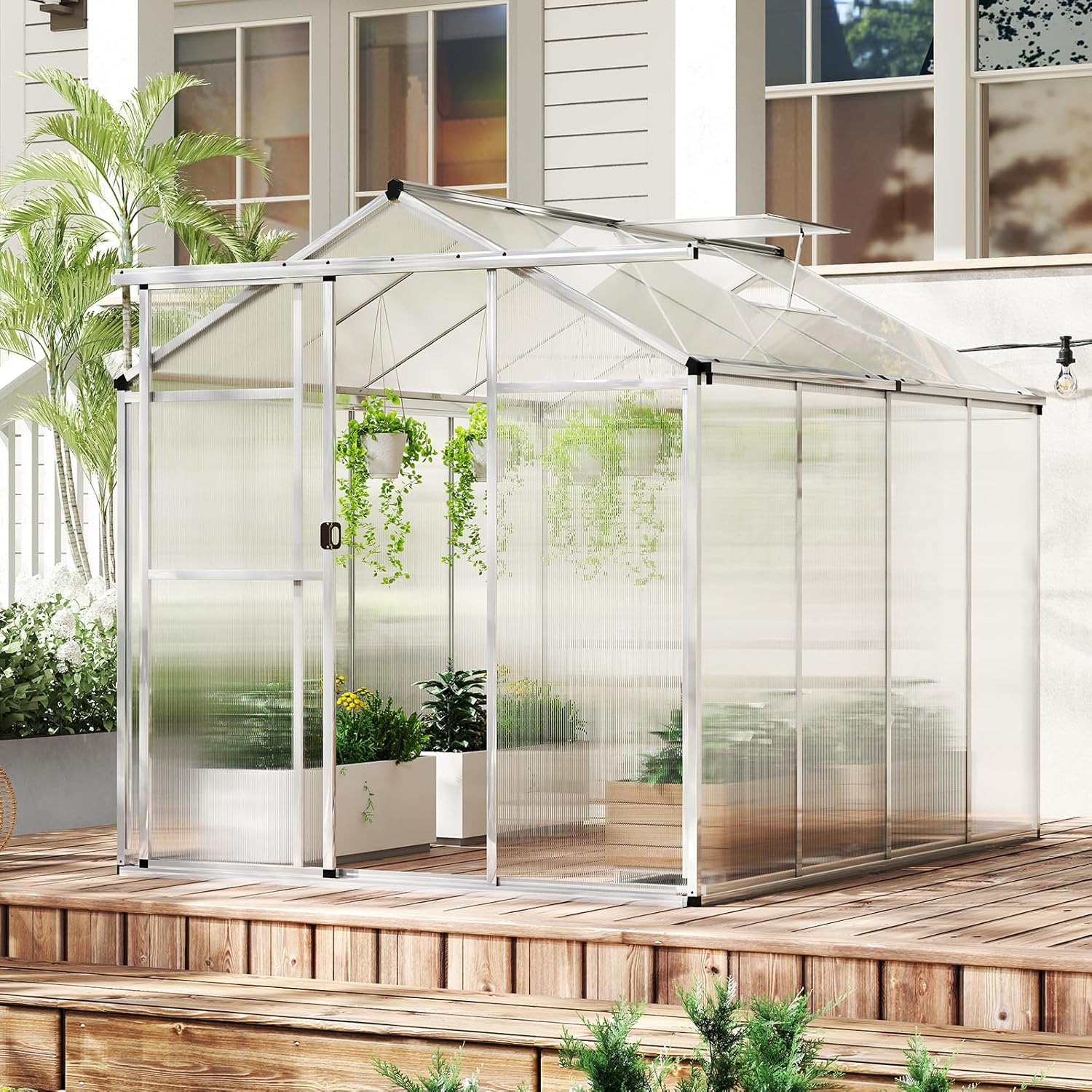 Happygrill Greenhouse, 6 x 8 x 6.5FT Outdoor Polycarbonate Greenhouse w/ Sliding Door, Adjustable Roof Vent, Rain Gutter, Heavy-Duty Aluminum Greenhouses for Outdoors, Garden, Backyard, Patio, Lawn