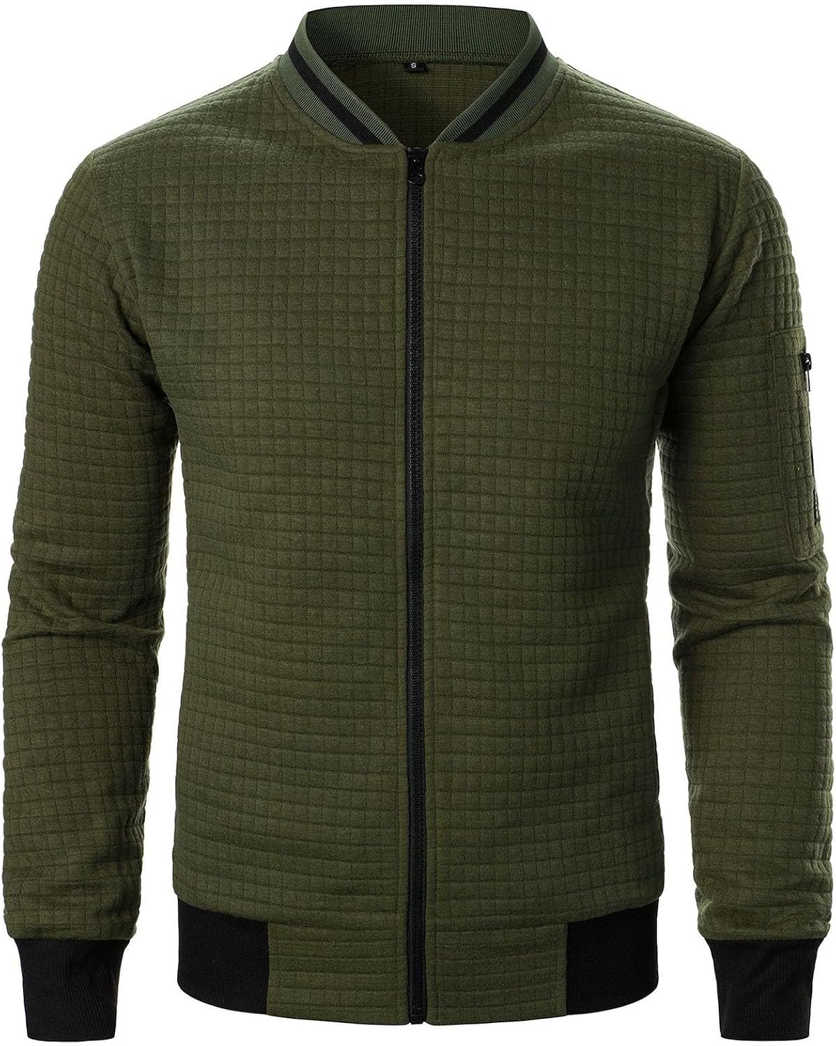 Men's Grid Textured Bomber Jacket Stand Collar Full Zip Casual Coat