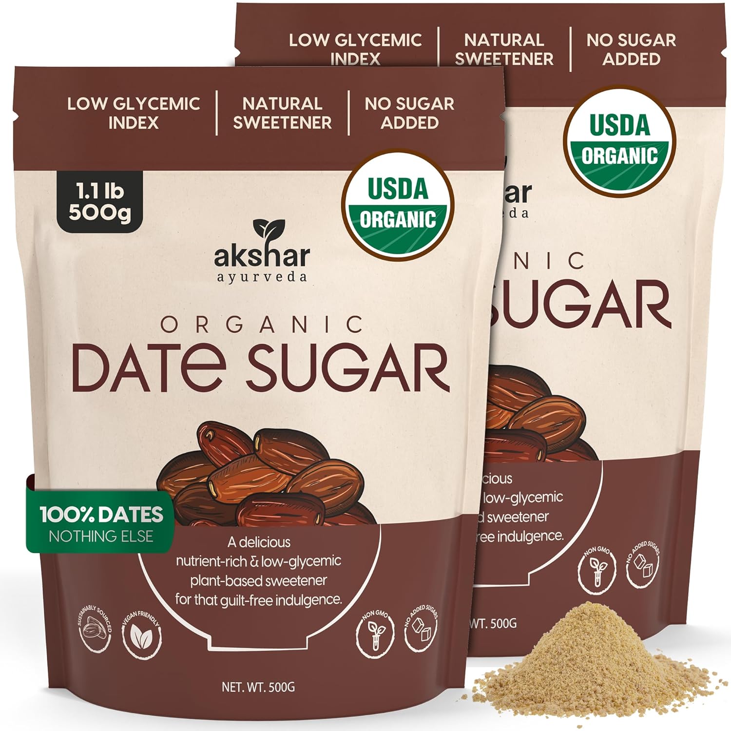 akshar ayurveda - Organic Date Sugar, Raw – Organic Sugar Alternative for Baking and Desserts – High Fiber Low Glycemic Sweetener – Natural Vegan Replacement Made from 100% USDA Raw Dates (1.1 lb (500gm x 2 pack))