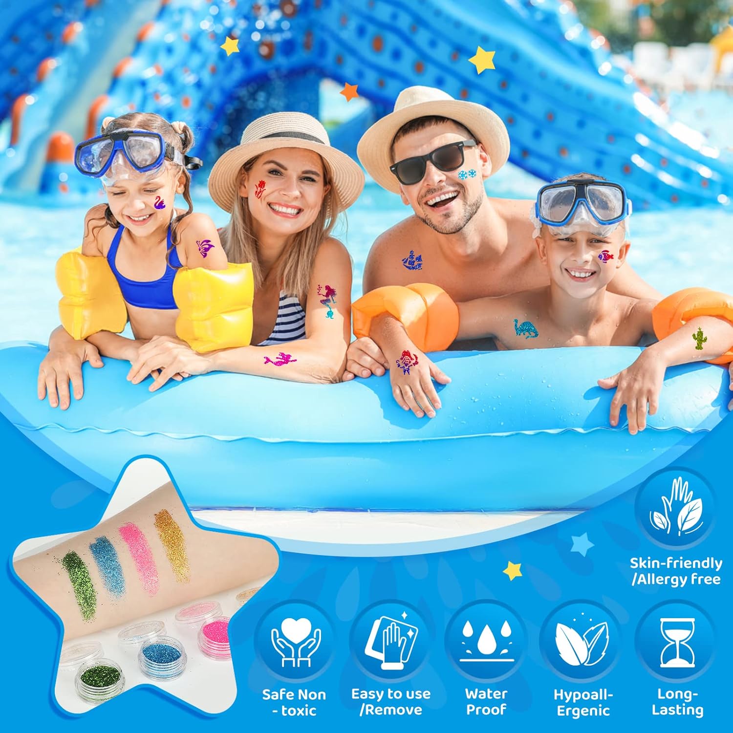 Bledras Kit Tatouage Temporaire Enfant 30 Couleurs Paillettes - 147 Pochoirs, 4 Pinceaux - Imperméable, Cadeau Idéal - Image détaillée