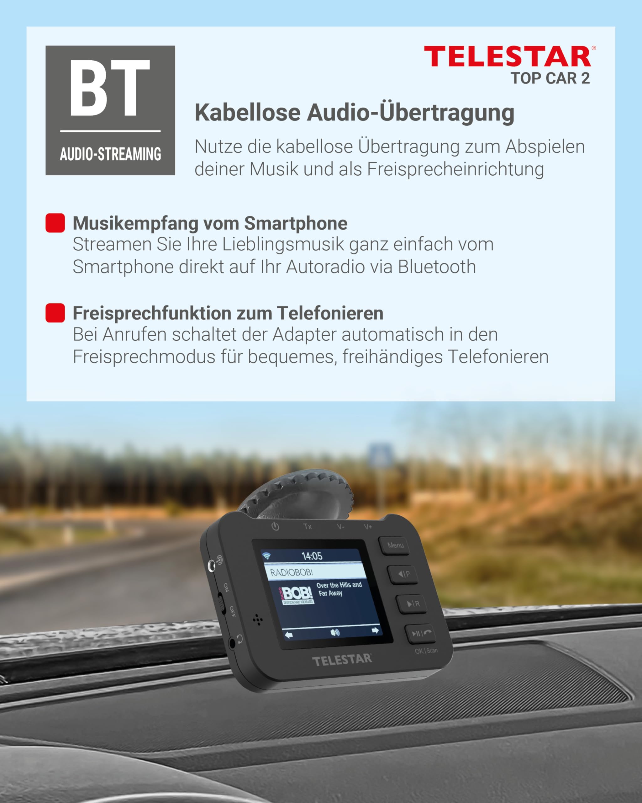 TELESTAR TOP CAR 2 – DAB+ Adapter für Autoradios, Akku – Schwarz | FM-Transmitter, Line-Out-Anschluss, Farbdisplay, Bluetooth Audio Streaming, Freisprecheinrichtung, microSD