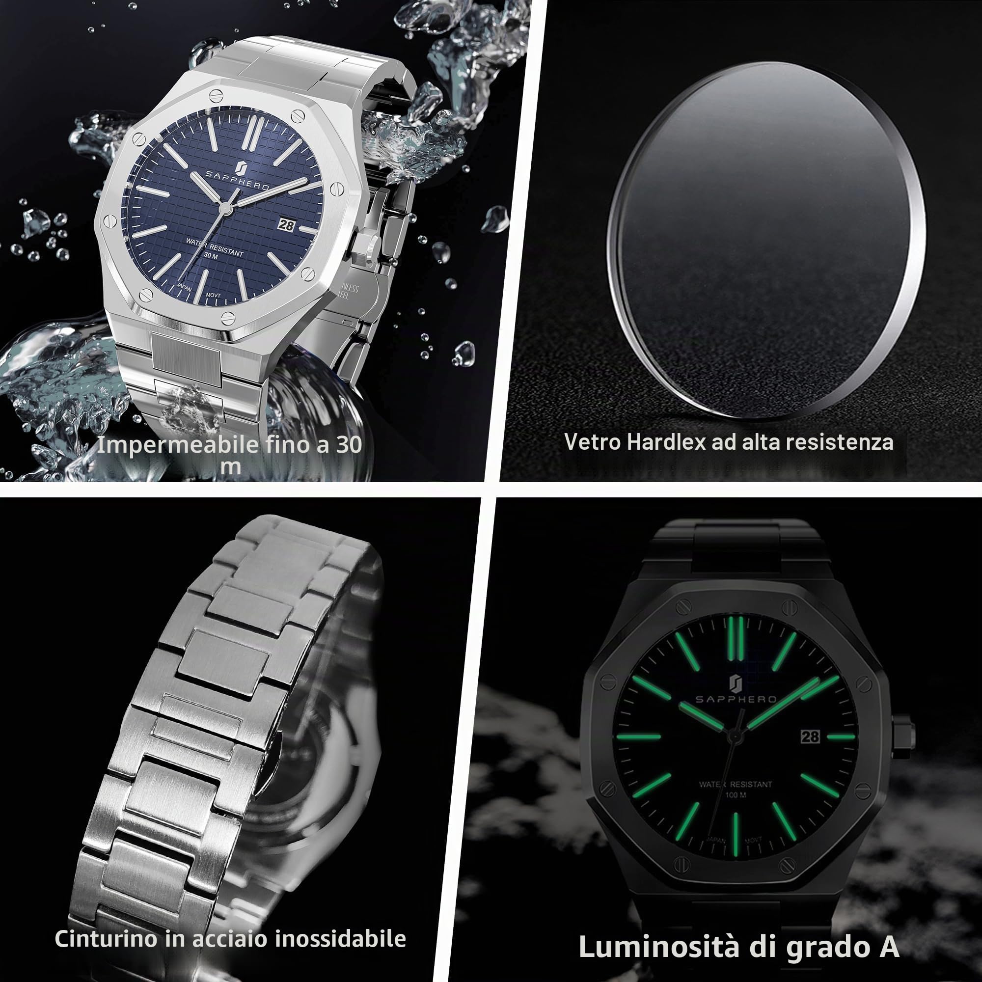 SAPPHERO Orologio da uomo in acciaio inox 50 m impermeabile ottagonale analogico giapponese al quarzo classico lusso business casual moda orologi da uomo elegante regalo