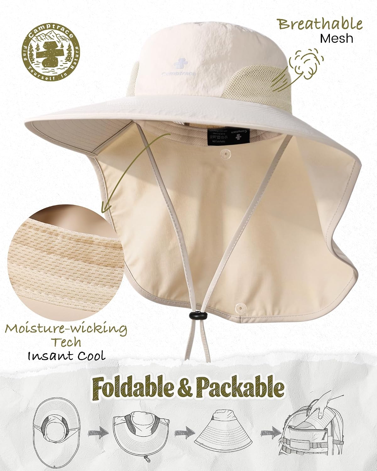 Camptrace Sun Hats for Women Men UPF 50+ UV Protection Wide Brim Hiking Fishing Hat with Neck Flap