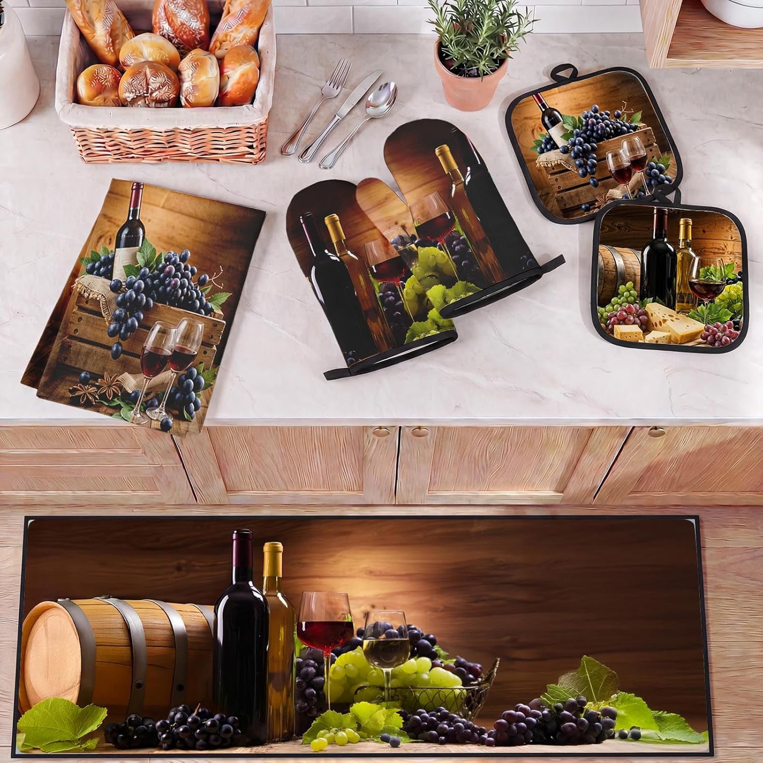 10 Pcs Red Wine Kitchen Decor and Accessories Set, 4 Dish Towels Kitchen Rugs 2 Oven Mitts 2 Pot Holders, Home Decor for Cooking Baking BBQ Gifts Women Mom Housewarming - Image 7