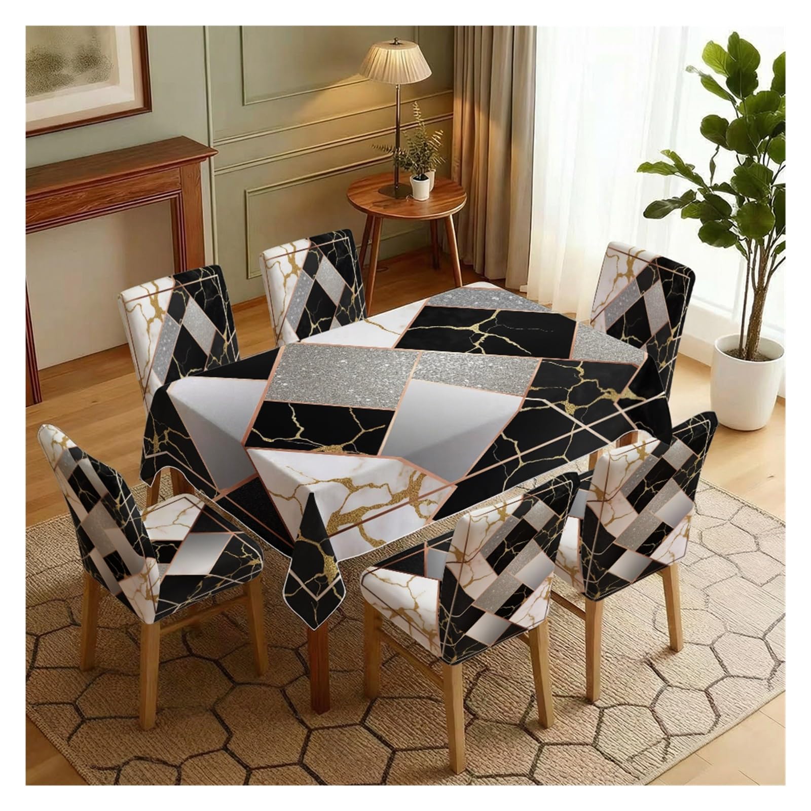 KXUAUV Luxury Marble Gold Foil Geometric Print Tablecloth And Chair Covers Set, Stretch Slipcovers For Modern Dining Room Decor, 5/7 Pack Party Decor(7pcs Set: Tablecloth+Chair Covers)