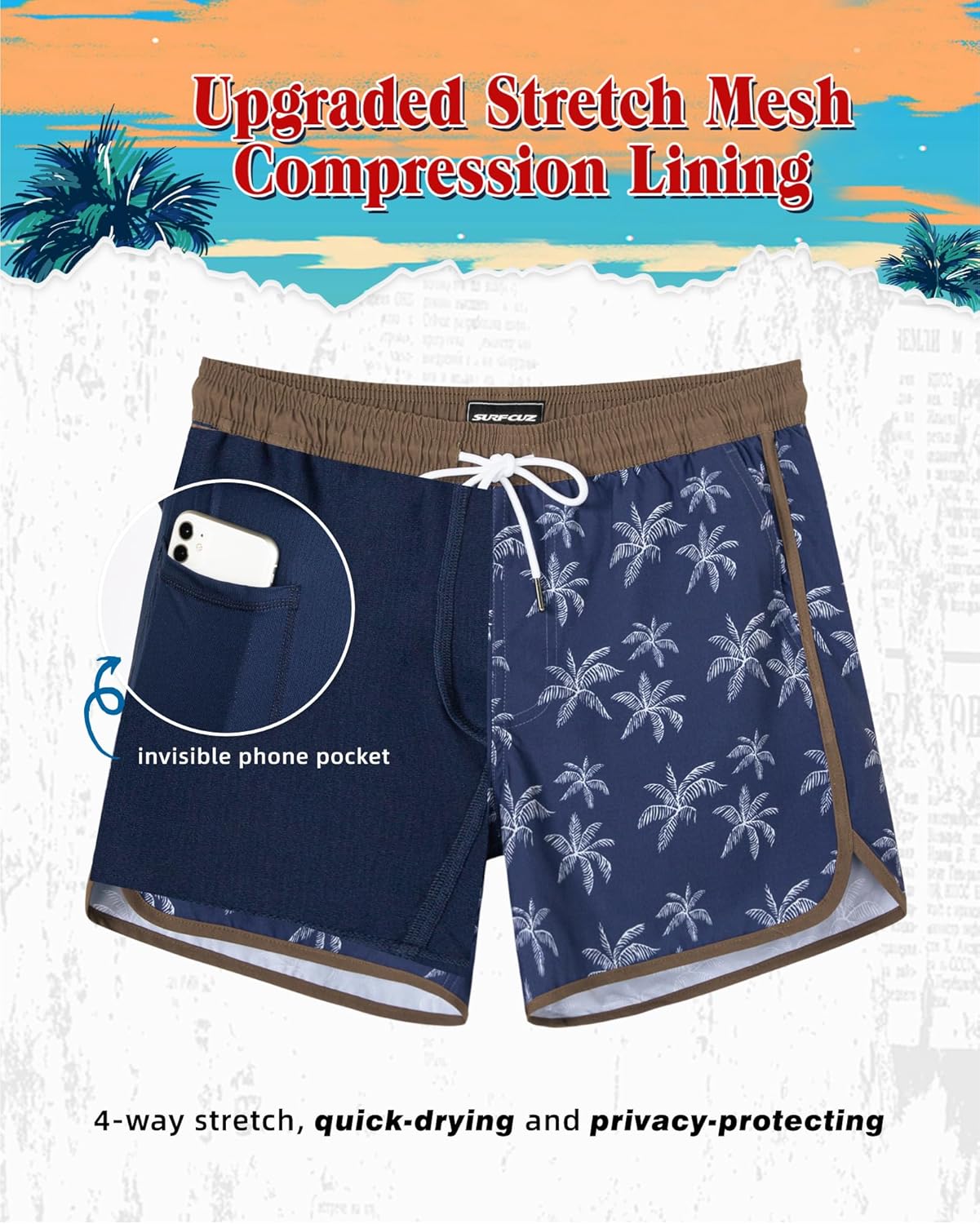 SURF CUZ Mens Swim Trunks with Compression Liner 5" Swimming Trunks 5 Inch Retro Swim Shorts with Zipper Pockets - Image 3