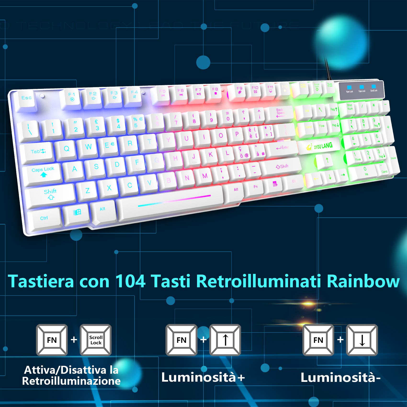Tastiera e Mouse da Gioco, Gaming Tastiera Retroilluminato a LED Colore Arcobaleno, Mouse 6 Tasti 2400 DPI e Tappetino per Mouse, USB Cablato per PS4 XBox, Bianca