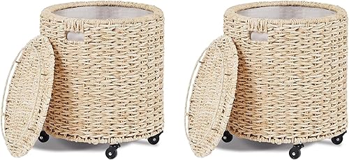 Miniatura 10 de Wimarsbon Puf otomano de 2 piezas, taburete de pie de hierba marina natural, otomana redonda tejida a mano, asiento decorativo bohemio, puf trenzado