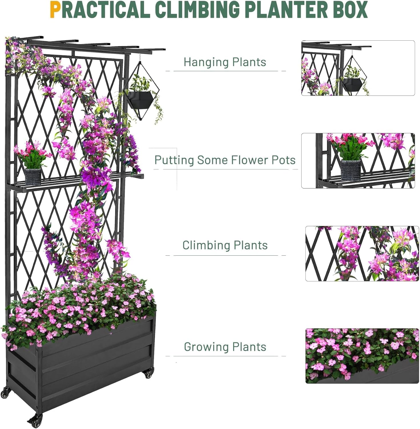 Metal Planter Box with Lattice Trellis, Wheels & Drainage Holes - 70in Tall Heavy Duty Raised Garden Bed for Climbing Plants & Flowers, 30Lx12Wx70H Inches