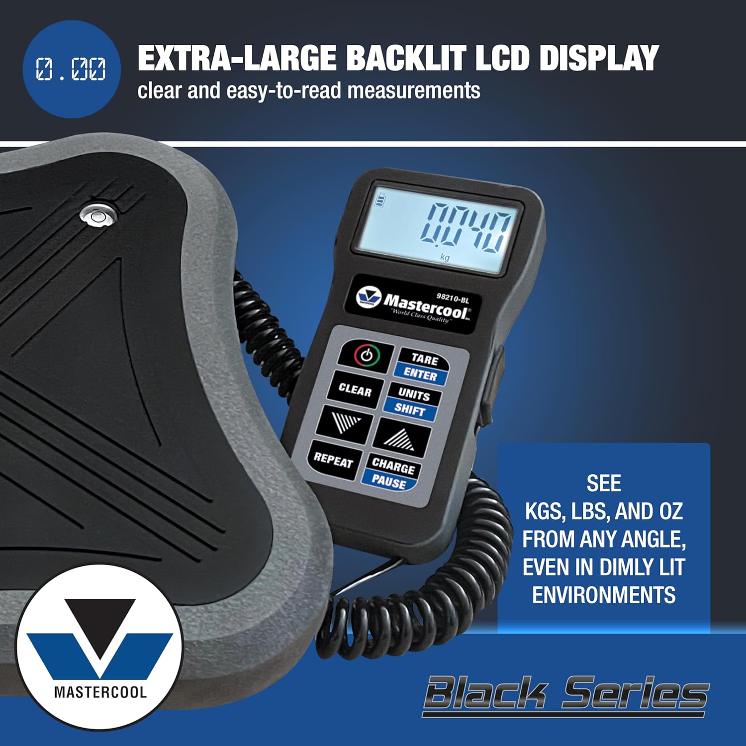 Mastercool 98210-BL Electronic Refrigerant Charging Scale with Bluetooth® – 243 lbs Capacity, Rugged Platform, Backlit LCD, and Free App