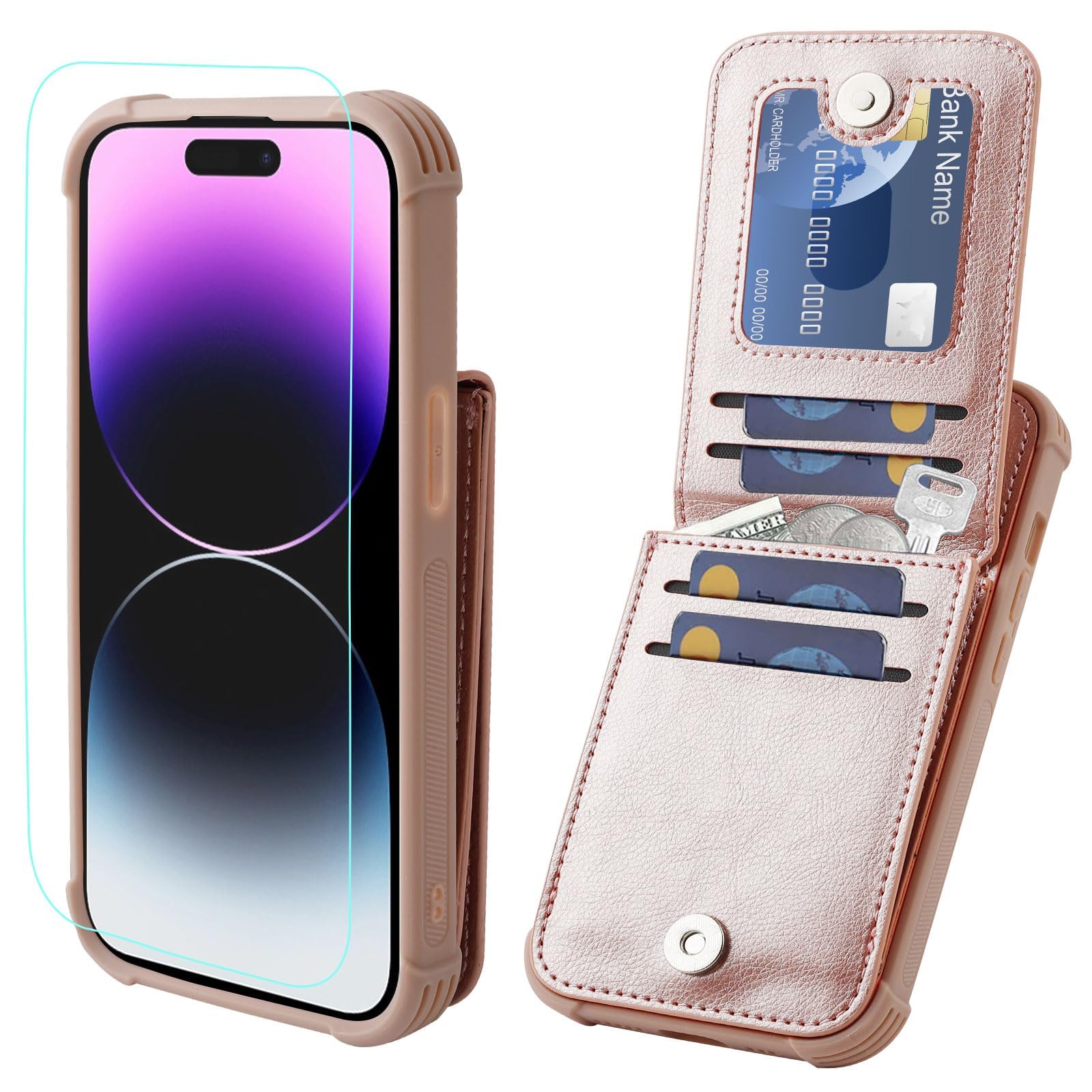 VANAVAGY Wallet Case Compatible for iPhone 15 for Women and Men with Credit Card Holder,RFID Leather Magnetic Clasp Flip Folio Phone Cover Supports Car Mount with Screen Camera Protector,Rose Gold