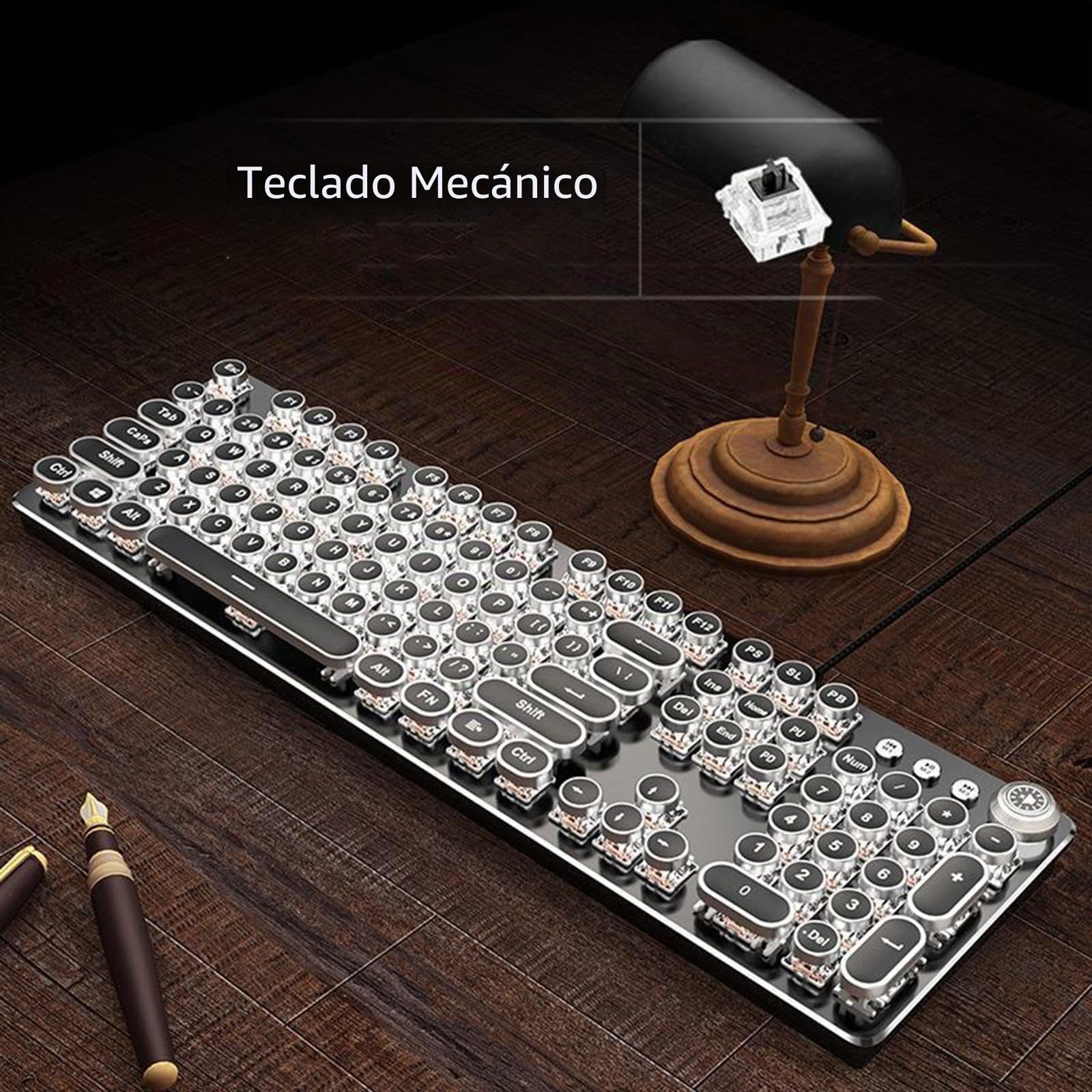 Teclado mecánico para Jugar Retro Punk de 104 Teclas, Teclado Steampunk, Teclado de iluminación, Teclado de Juego Vintage, Teclas Redondas para PC