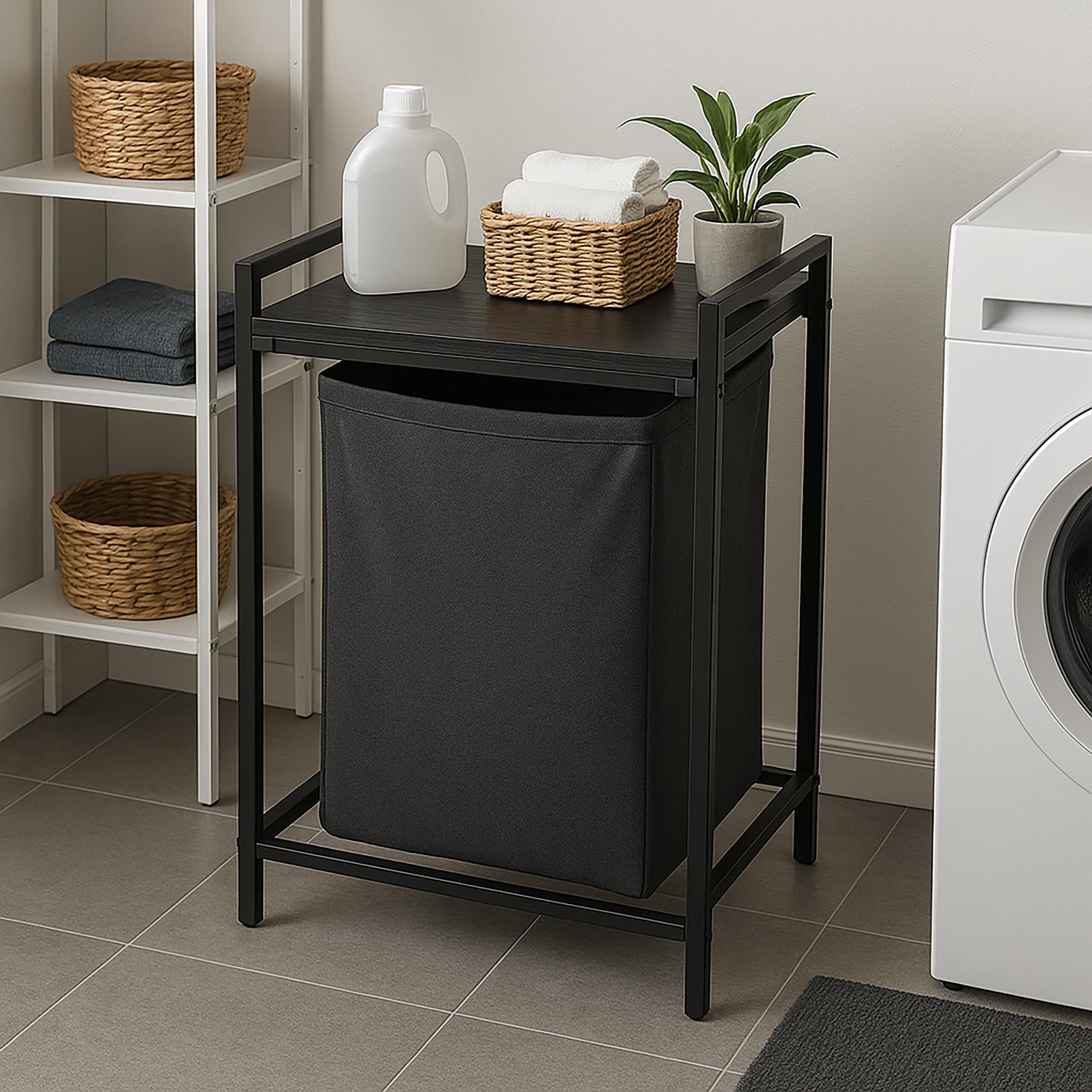 Relaxdays Cesto portátil de Ropa con Estante y Bolsa extraíble, 72x50x33 cm, Capacidad 65 l, Negro