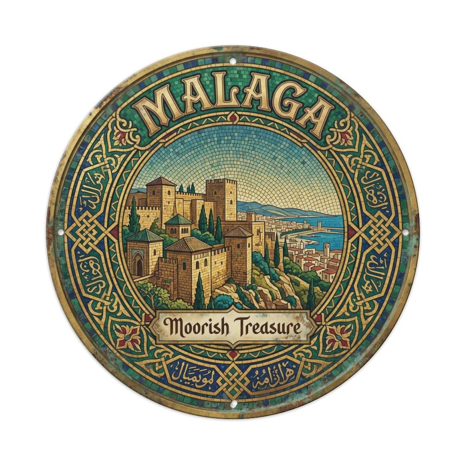 Fqcyn Style Vintage Travel Malaga Fortress Alcazaba Metal Tin Sign Plaque Wall Decor For Cafe, Club Bar, Office, Home Garden Round Metal Poster 8X8inch