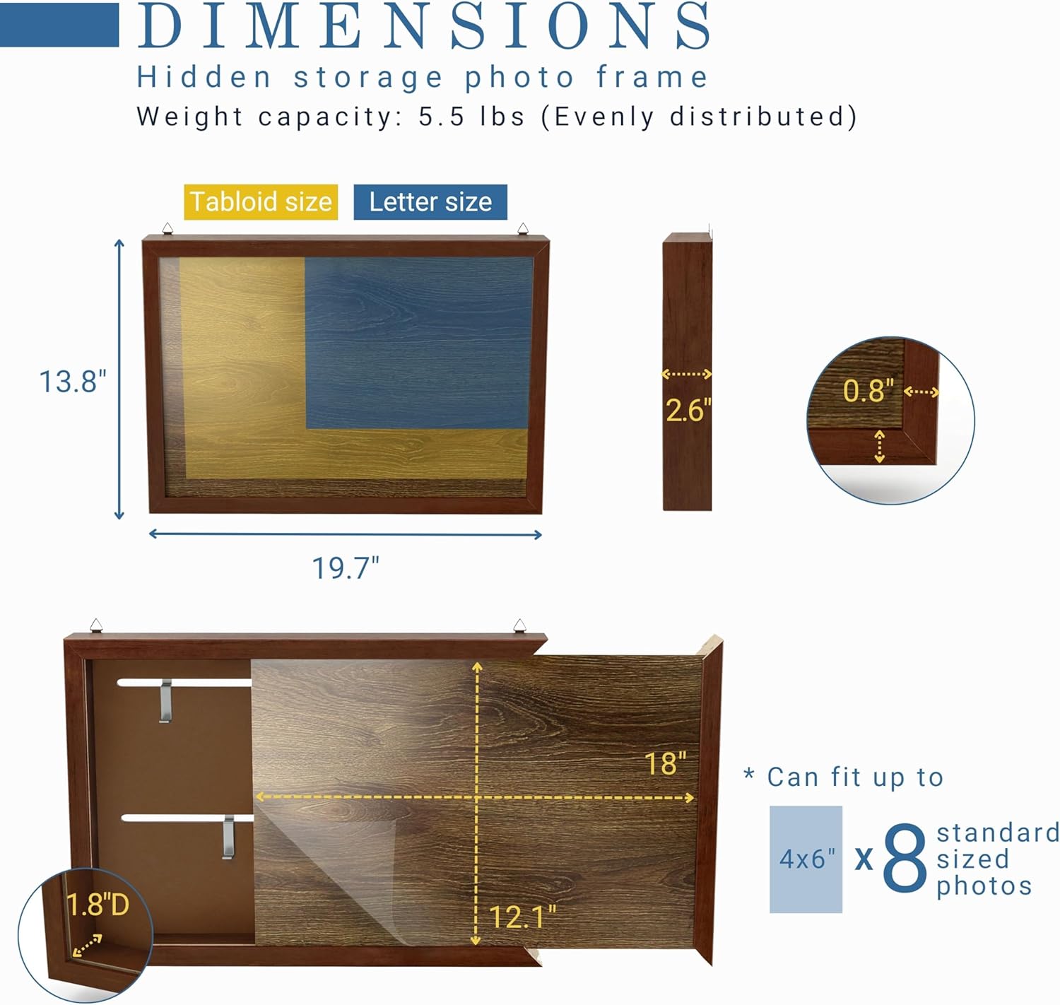 HOMES: Inside + Out Liam Modern Solid Wood Wall Mounted Picture Frame with Hidden Storage and Adjustable Metal Hooks for Living Room, Bedroom, Entryway, Office, Antique Cherry