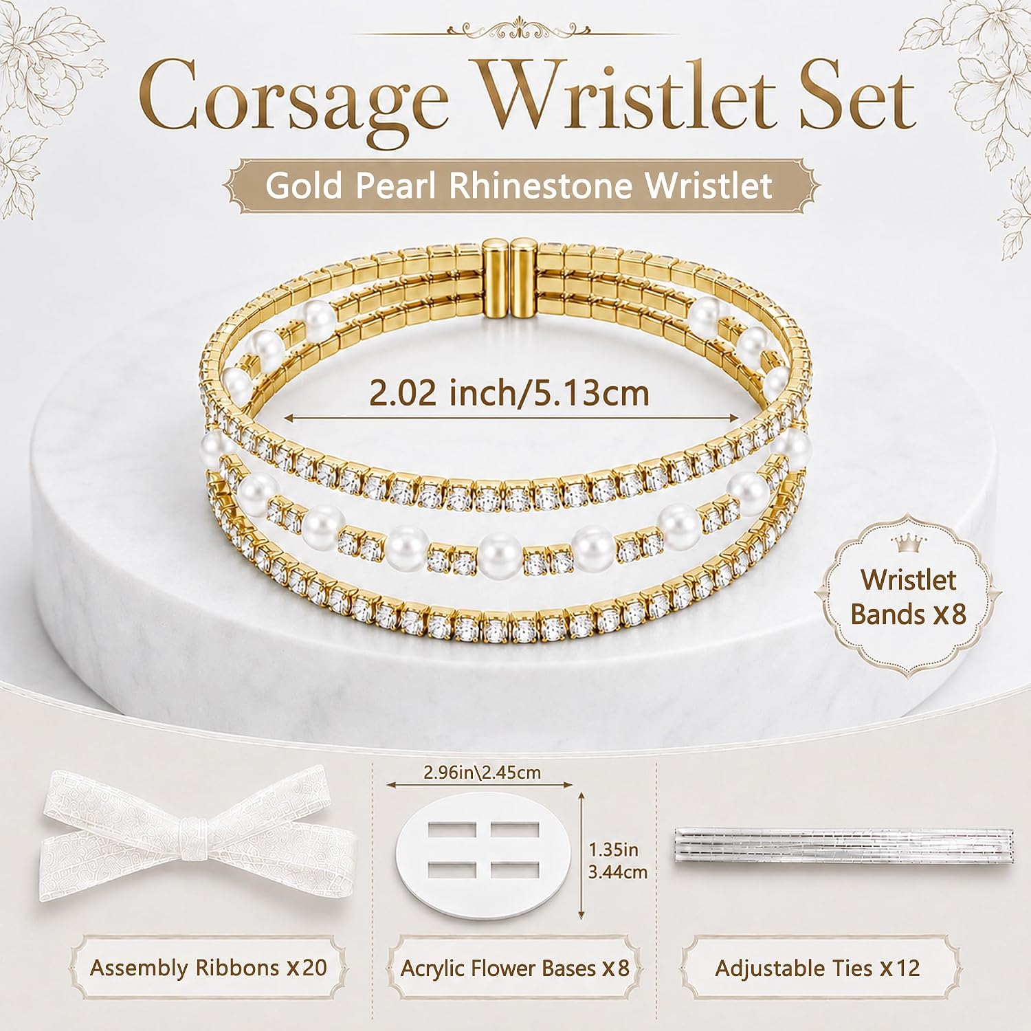 Gold Adjustable Corsage Wristlet Bands, 8 Pcs for DIY Flower
