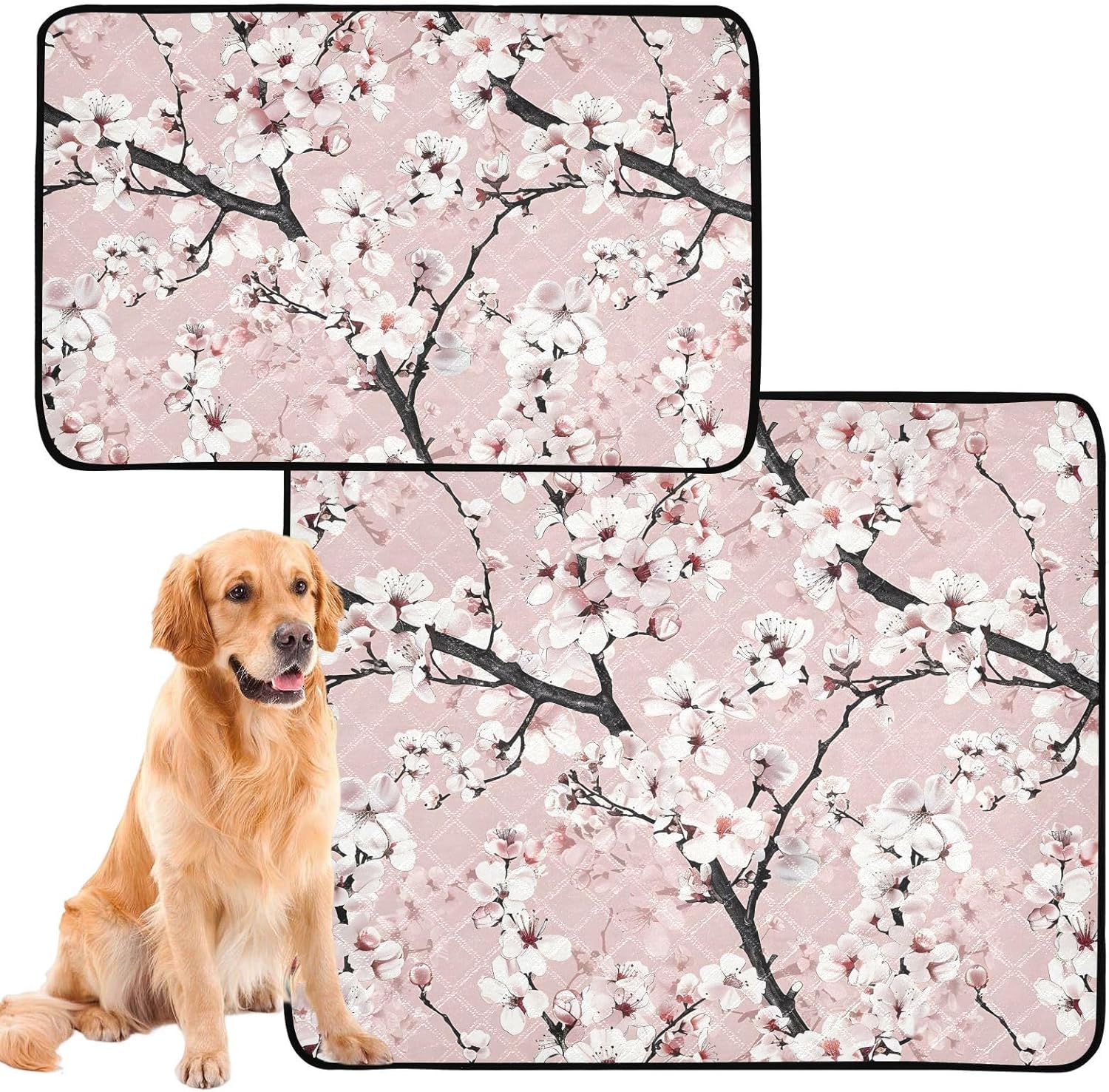 White Cherry Blossom Flower Pet Mat Reusable Feeding Mats for Food and Water Non-Slip Pee Pads for Dogs Cats 2 Packs