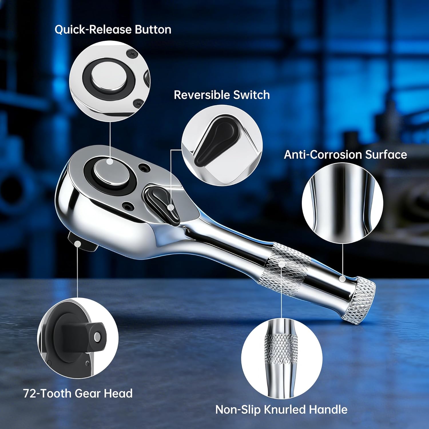 3-Piece Stubby Ratchet Set, 1/4", 3/8", 1/2", 72-Tooth Mini Driver Ratchet Wrench Set, Chrome-Plating & Polishing, Quick-Release, EVA Environmentally Organizer