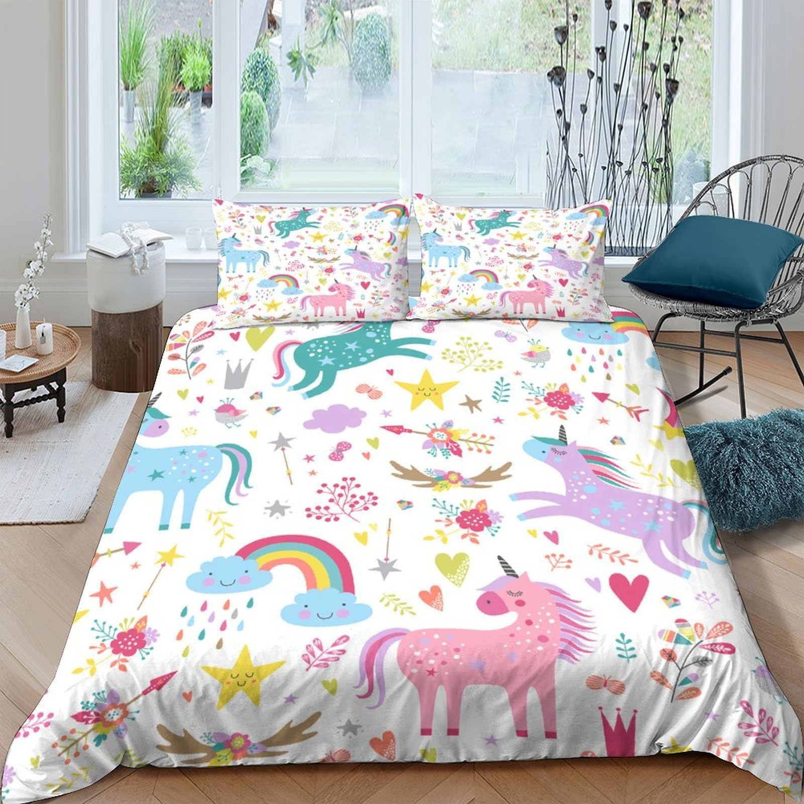 Ctjqhvkz Style-2 3D Printed Unicorn Rainbow Fitted Sheet Microfiber Soft Pastel Clouds Bed Cover Anti-Slip Washable For Bedroom Guest Room Single（135X200cm）