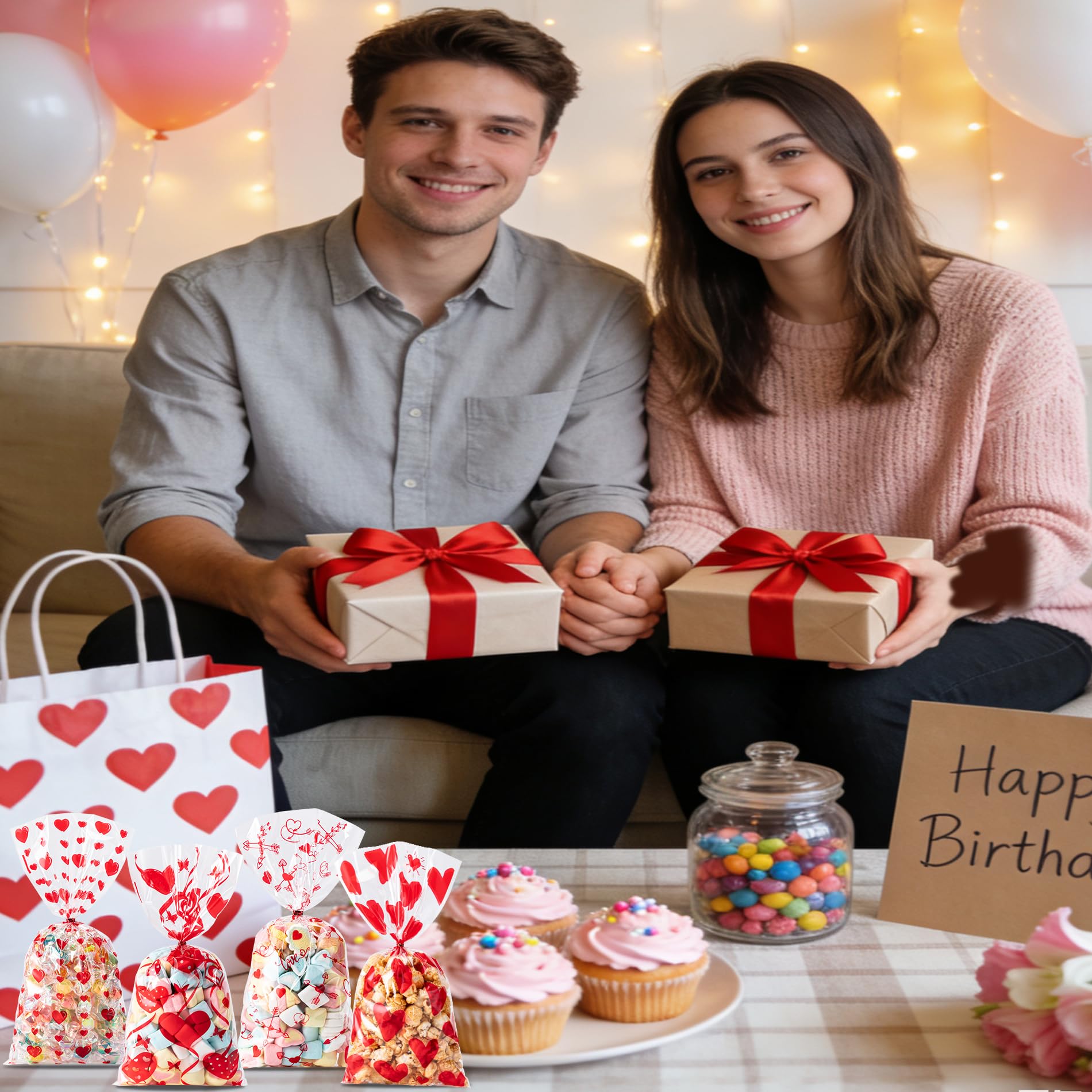 Aegero Valentines Cellophane Bags 120pcs Valentines Candy Bags with 140pcs Twists for Valentine's Candy Cookie Goodie Snack Bag for Valentines Day Wedding Party Favor Supplies,Classroom Parties Valentine02-Red Heart