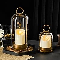 Ganwu Brass Hurricane Glass Candle Holders Set of 2 with LED Timer Candles & Hangers - 5" & 4" Versatile for Pillars, Flowers, Plants