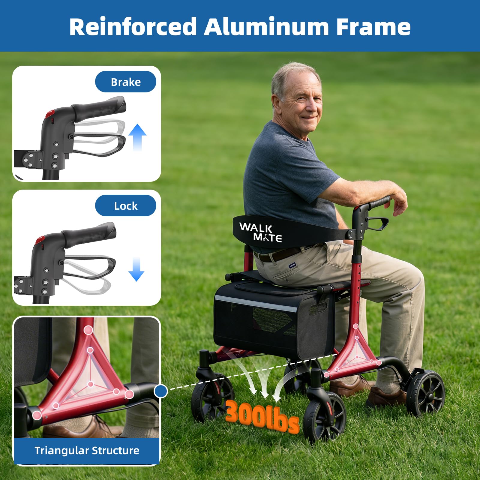 Walk Mate Rollator Pieghevole e Leggero con Seduta - Compatto per la Casa, Regolazione Ergonomica dell'Altezza 150-190 cm, Ruote Fuoristrada, Peso Ultraleggero di Soli 6,7 kg
