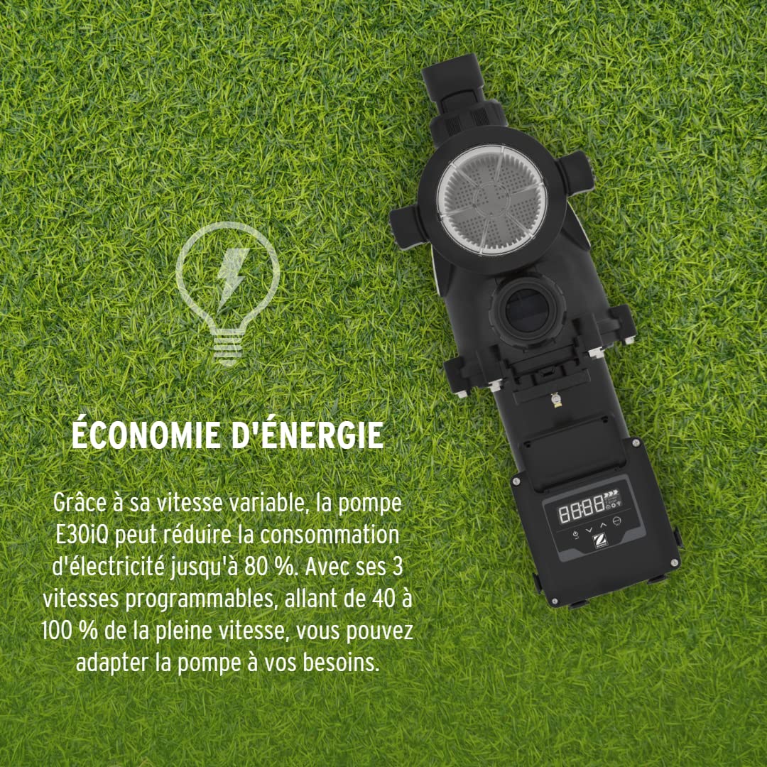 Zodiac E30 iQ 100, pompe de filtration à vitesse variable économe et recommandée pour les piscines jusqu'à 80 m3. Elle utilise peu d'énergie, silencieuse (-12dB) et peut être contrôlée par une app.