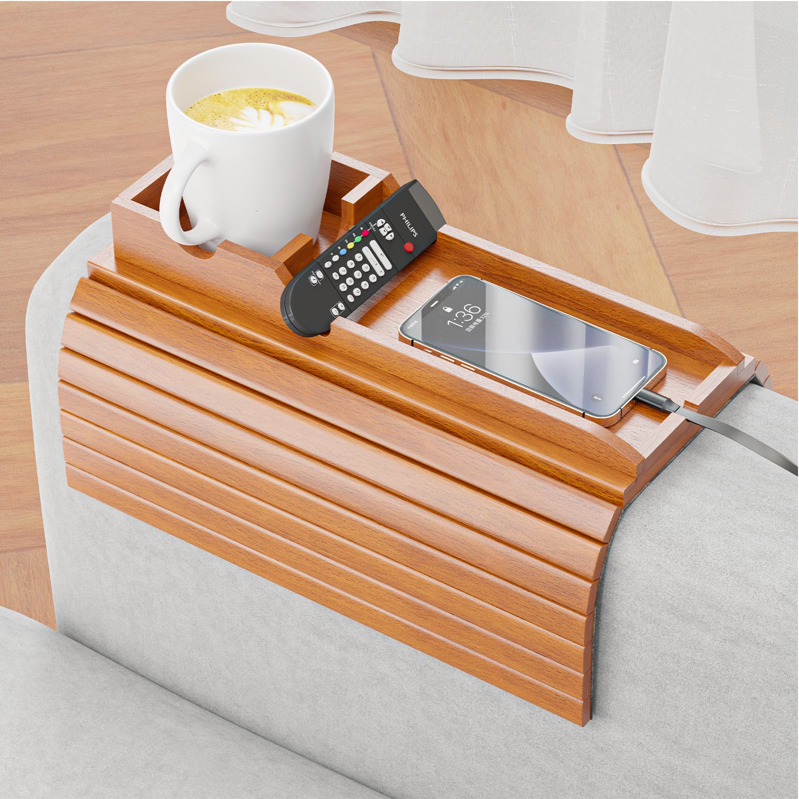 BestjingCouch Cup Holder and Sofa Armrest Tray 2 in 1 Couch Arm Tray- Cup Holder Be Slide Detachable - Anti-Slip Foldable Sofa Arm Tray Table for Drinks Cup Cellphone Remote Snacks (Mahogany)