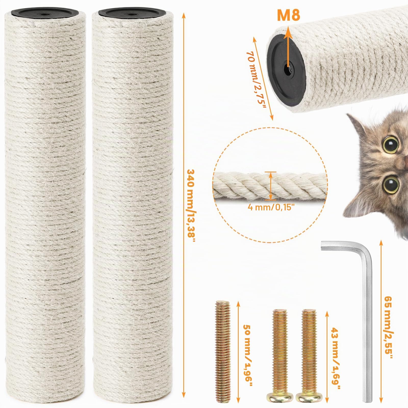 Tronc de rechange pour griffoir en sisal, diamètre 7 x 34 cm, accessoire pour griffoir en sisal, hauteur 70 cm, avec vis M8 et clé anglaise
