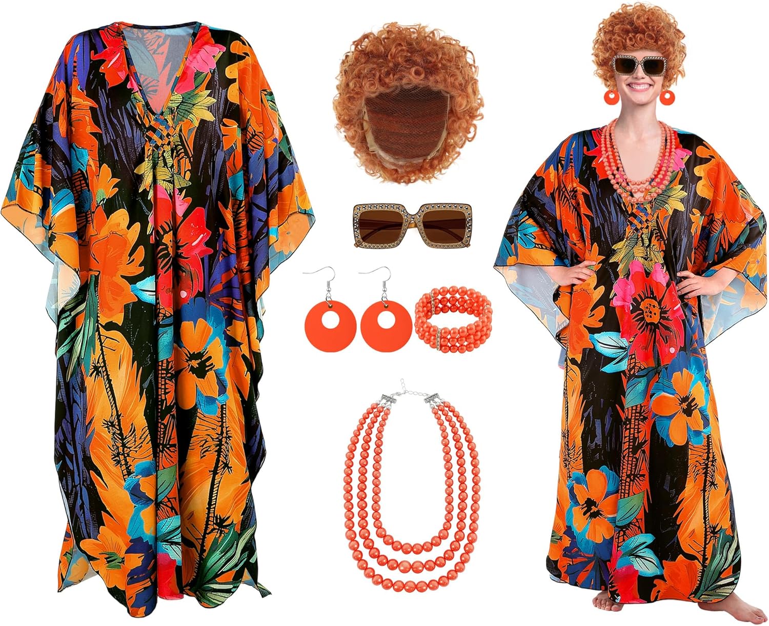 6 Pcs Carnival Landlady Women Costume Curly Wig Print Caftan Dresses Jewelry Set and Sunglass for Cosplay Party - Image 2