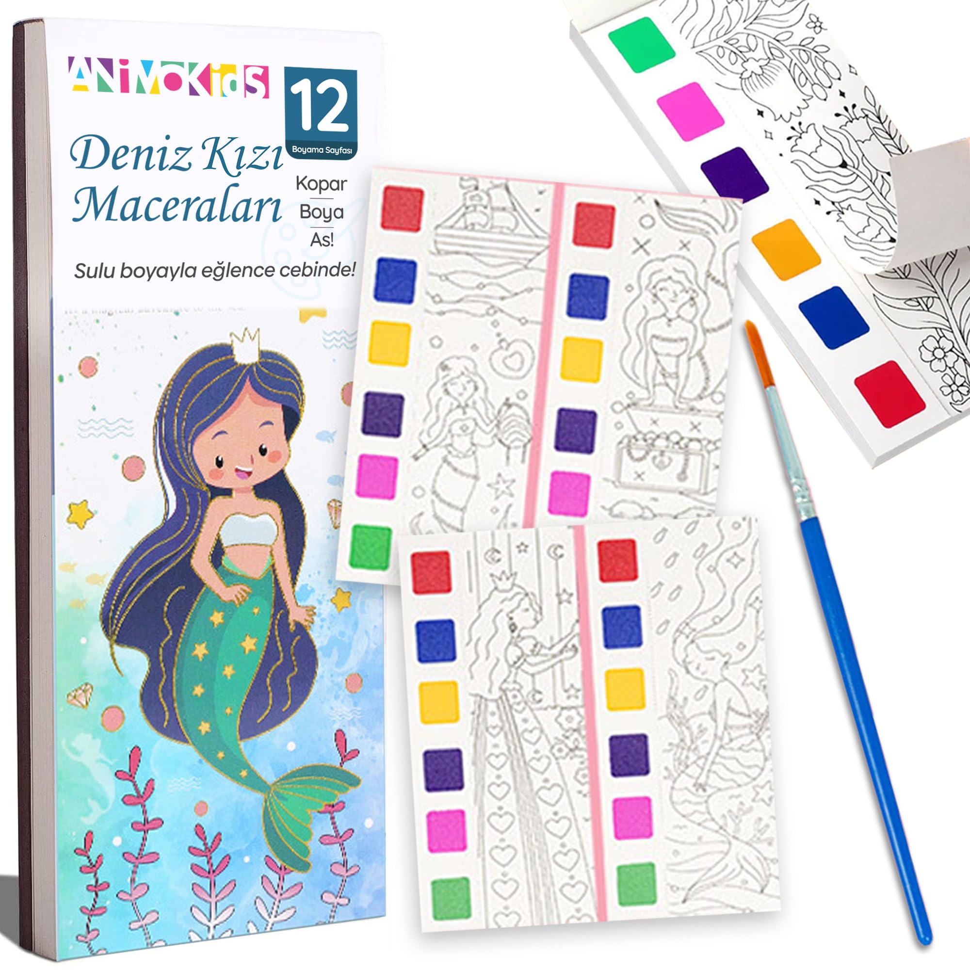 Animokids Renk Paletli Sulu Boya Kitabı + Fırça, 12 Sayfa Boyama Kitabı, Aktivite Boyama Seti, Çocuklar için Yeni Nesil Sulu Boya Defteri (Deniz Kızı)