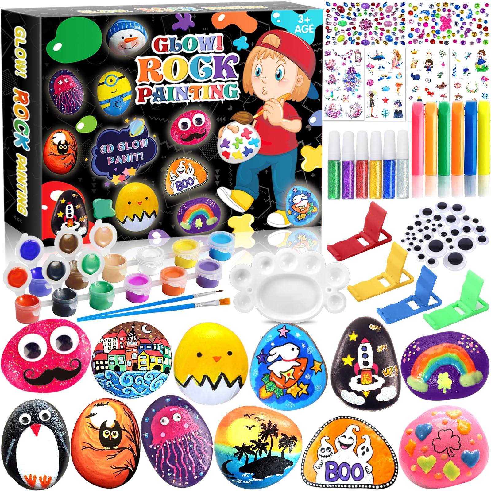 MULEVIP Piedras Para Pintar,Pinturas Creativas con 12 Rocas y 24 Pinturas,Juego de Pintura de Piedras Que Brillan En la Oscuridad,Manualidades Niños,Creativa Kit Pintura Niños de 3 4 5 6 7 8 Años
