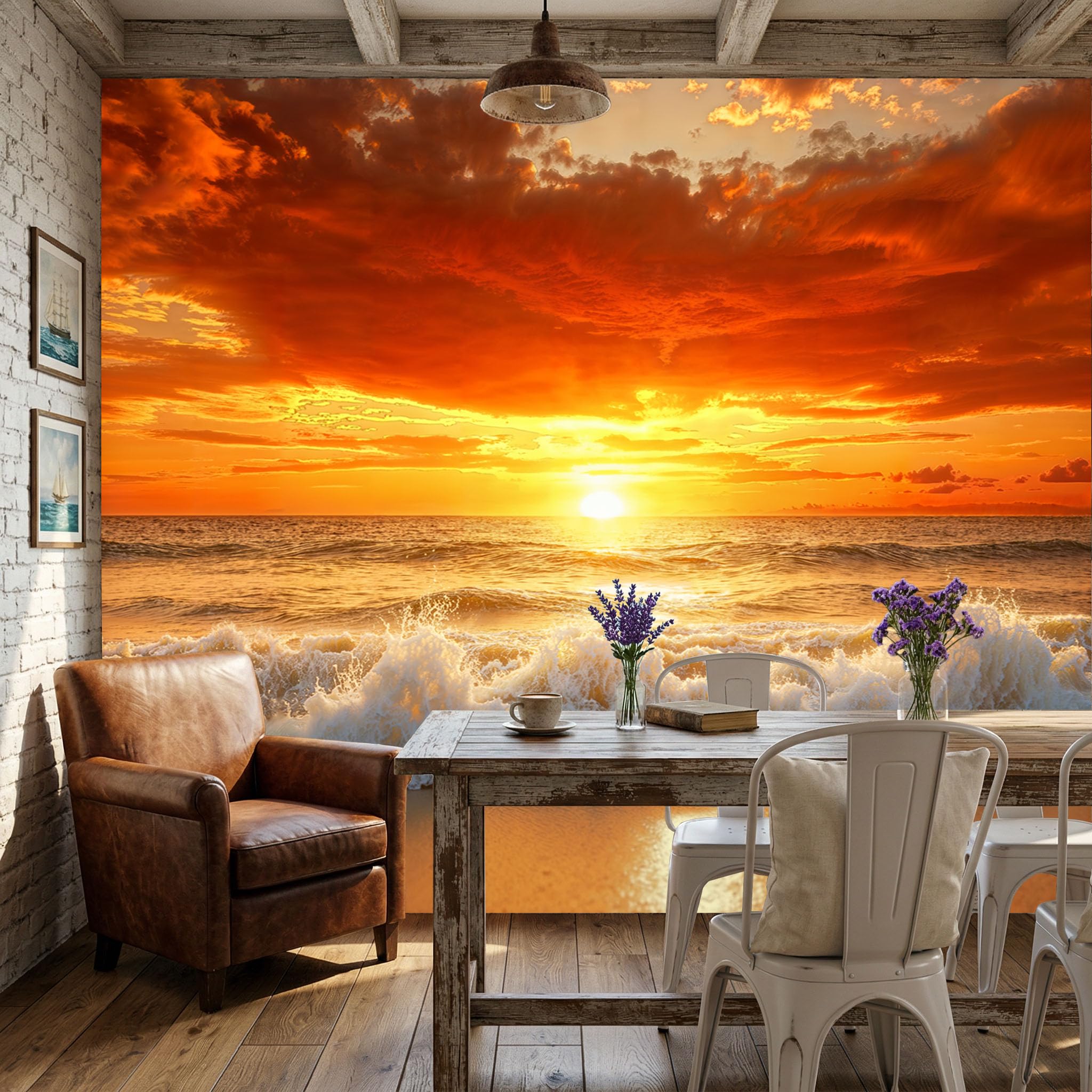 Papier peint paysage côtier au crépuscule pour une chambre parentale apaisante