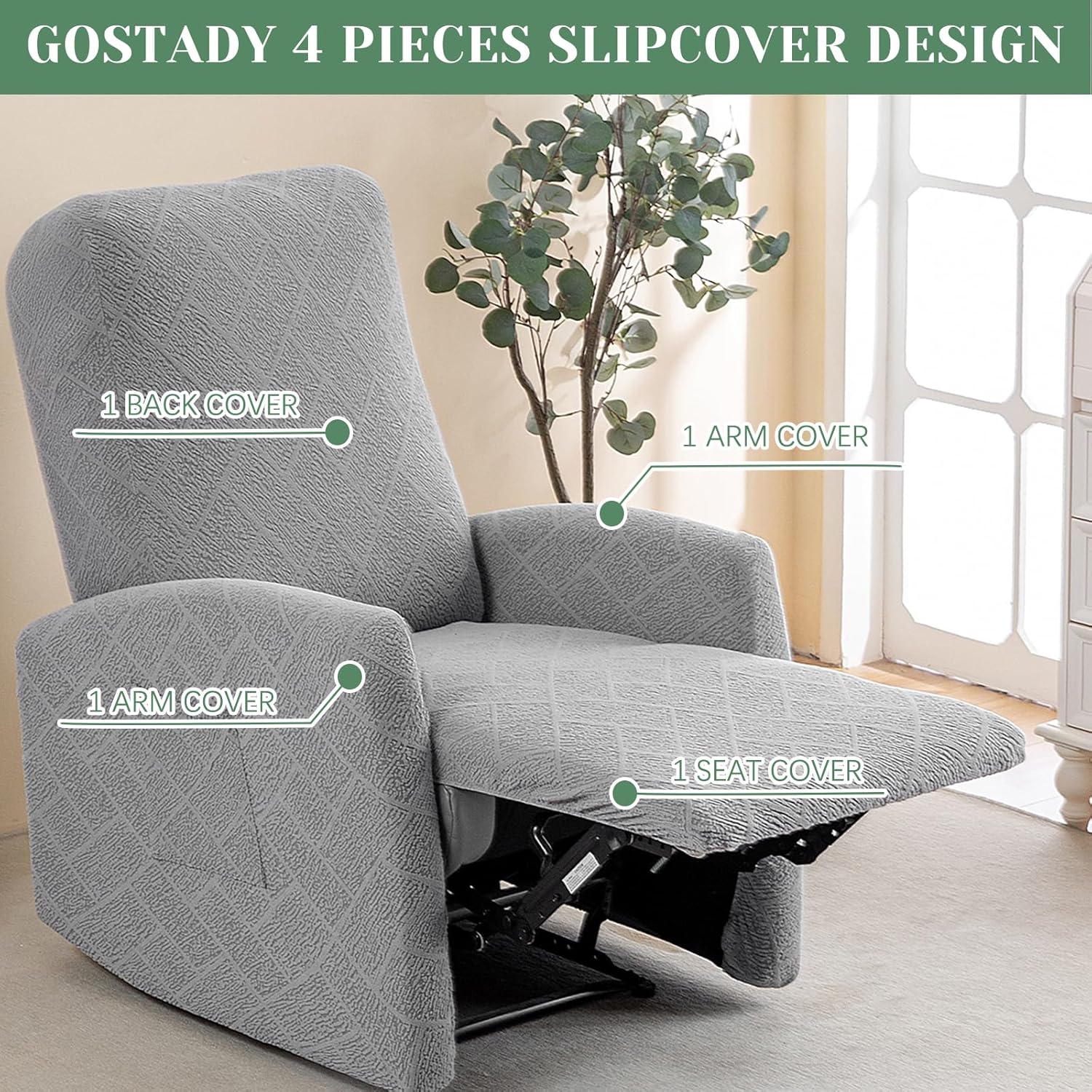 Recliner Chair Covers 4 Pieces Jacquard Small Recliner Sofa Slipcover Stretch Recliner Slipcover for Lazyboy Recliner Chair with Storage Pocket Furniture Protector for Living Room,Light Grey