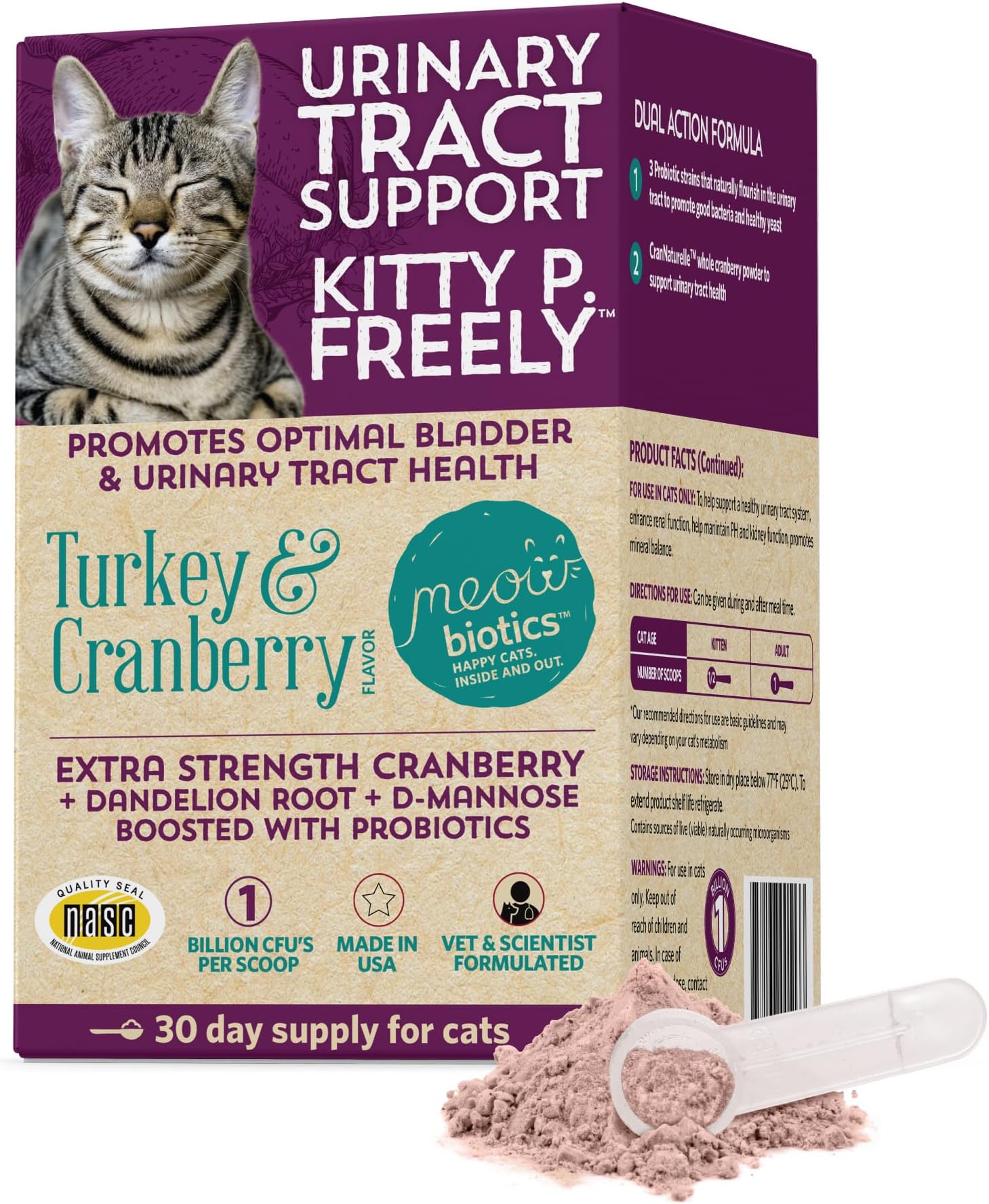 Meowbiotics Kitty P. Freely Cat Urinary Supplement, Cranberry for UTI & Kidney Support Powder Probiotics for Cats, Made in USA (30 Days)