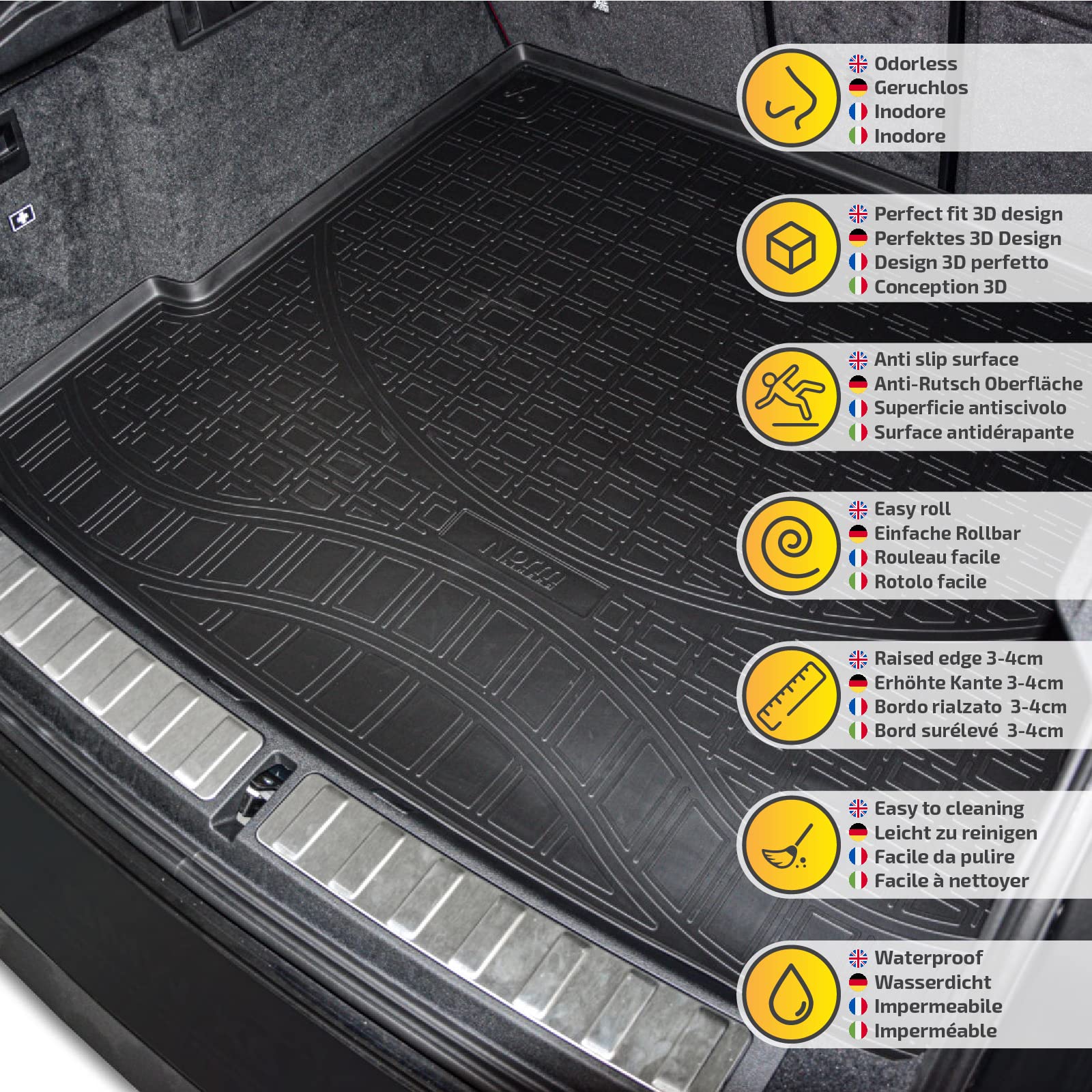 J&J AUTOMOTIVE | NORM Vasca Baule Per Bagagliaio In TPE Gomma Su Misura Adatti Per Discovery Sport dal 2014, Bordo alto 4 cm, Antiscivolo, Inodore