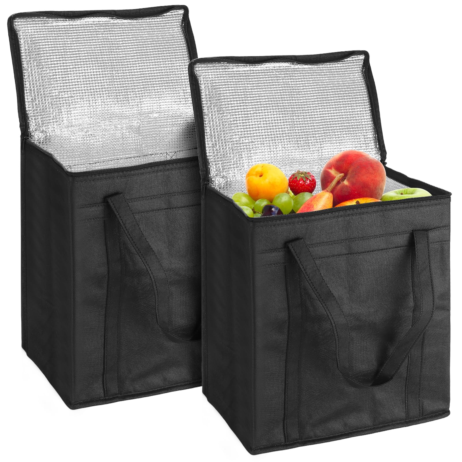 FUNSUEI 2 PCS Medium Cool Bags, 24L Black Insulated Thermal Bags for Hot or Cool Food Delivery, Picnic, Travel