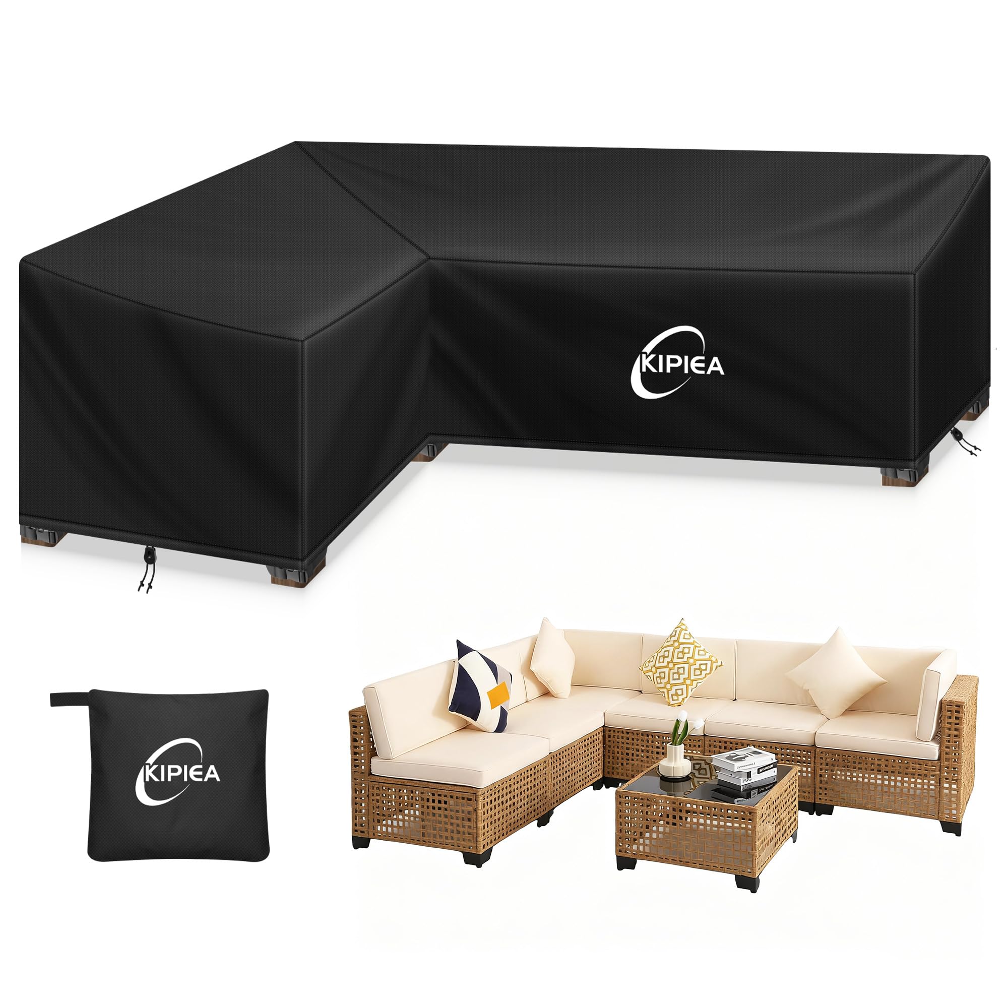 Kipiea Abdeckung Loungemöbel L-Form Wasserdicht, Abdeckung Gartenmöbel Winterfest, 500D Lounge Abdeckungen Winddicht, L-Form Abdeckplane Gartenmöbel Reißfest, Anti-UV (Linke Seite, 147x198x85x78cm)