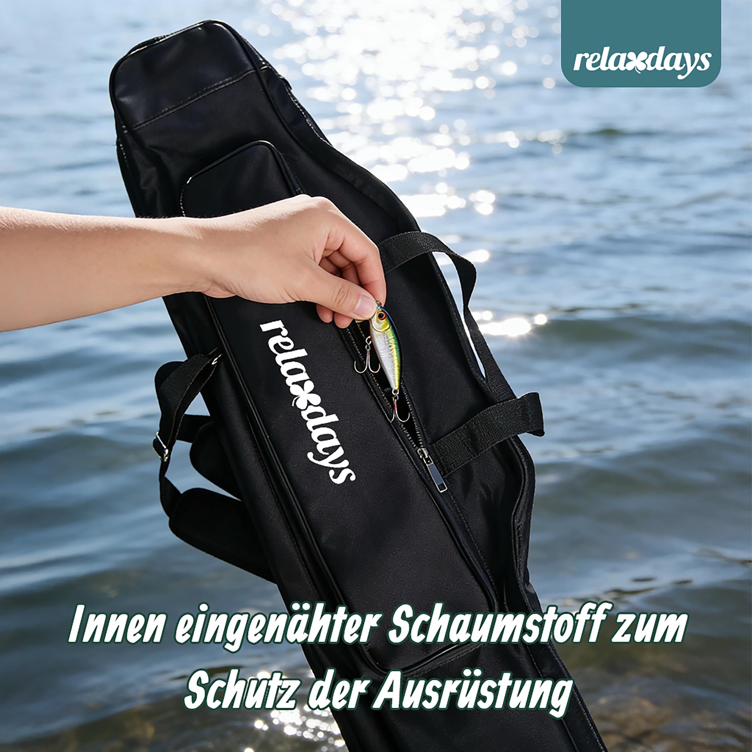 Relaxdays Angeltasche, Rutentasche, für 3 Ruten, 5 Fächer, gepolstert, Angelzubehör, groß, 1200D Oxford