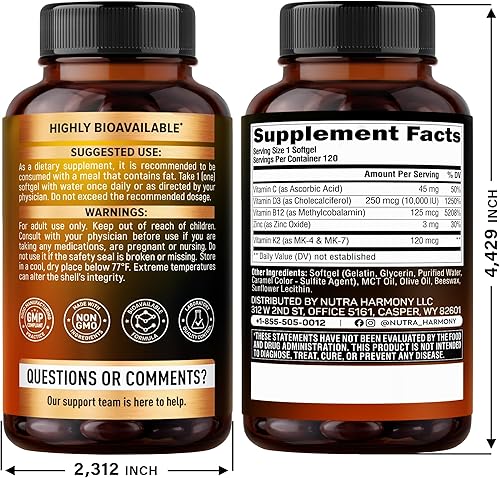 Miniatura 2 de Vitamin D3 K2 - Vitamin D3 10000 iu & K2 120 mcg - Immune & Mood Support, for Bone & Teeth Health - with Zinc, Vitamin C & B12 - Highly Bioavailable